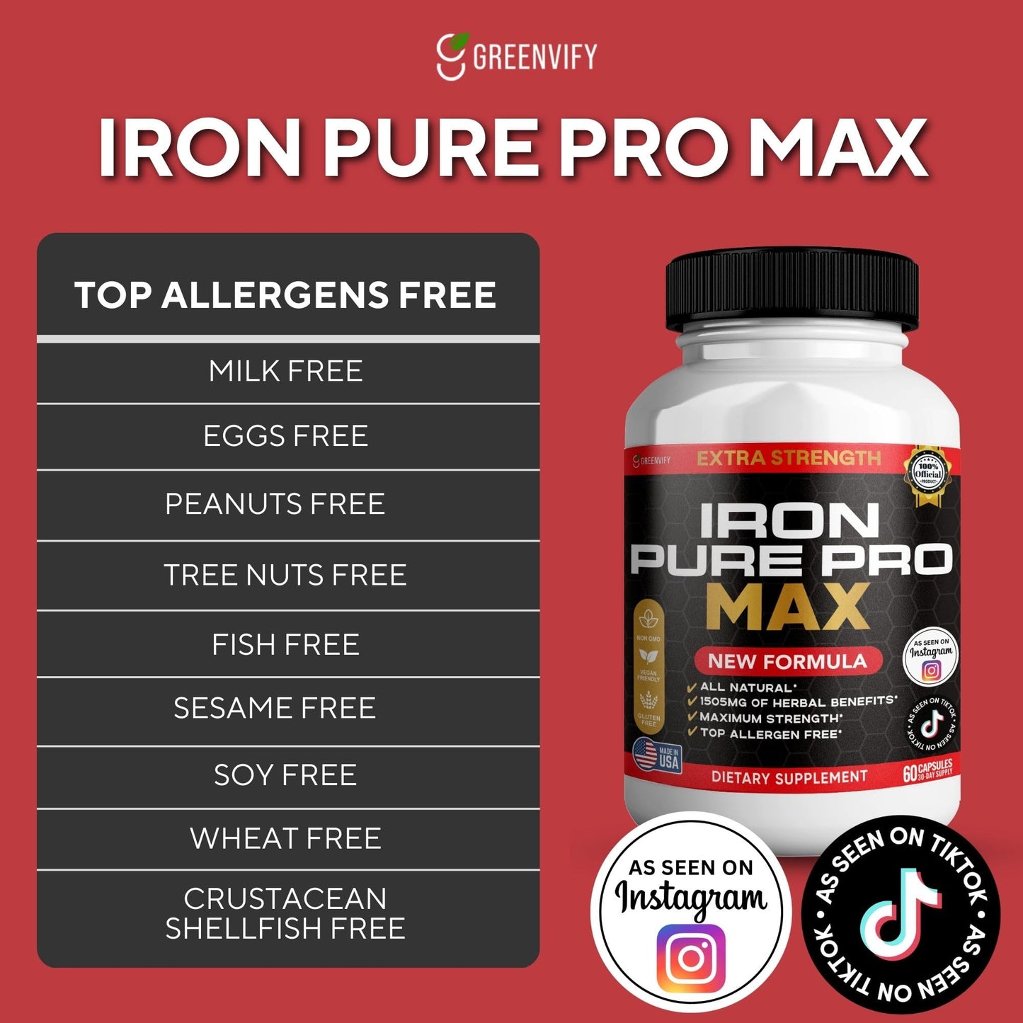 GREENVIFY Iron Pure Pro Max Organic Maca Root Blend Capsules, 60 Count