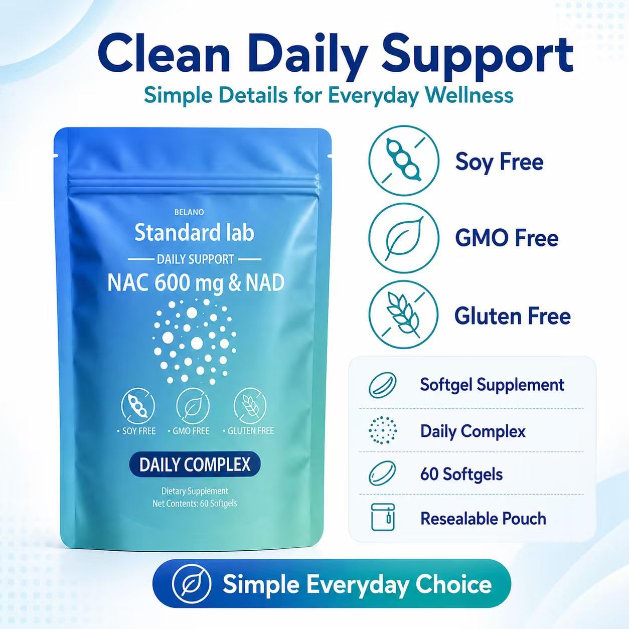 BELANO The Standard Lab NAC 600 mg & NAD Daily Formula Softgels, 60 Count