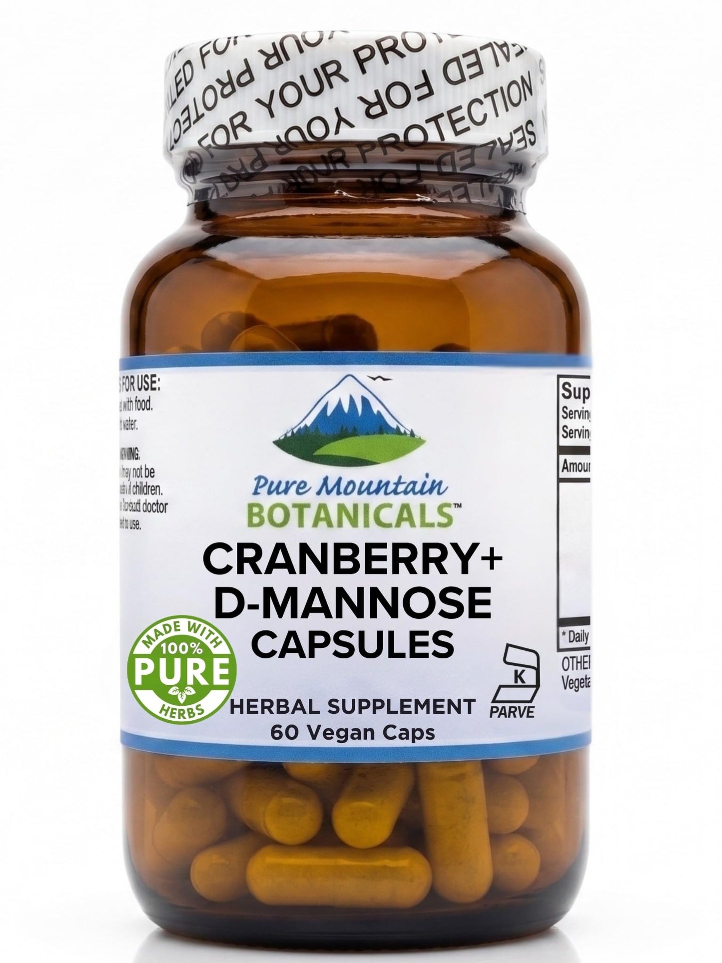 Pure Mountain Botanicals D-Mannose with Cranberry 1000mg Capsules, 60 Count