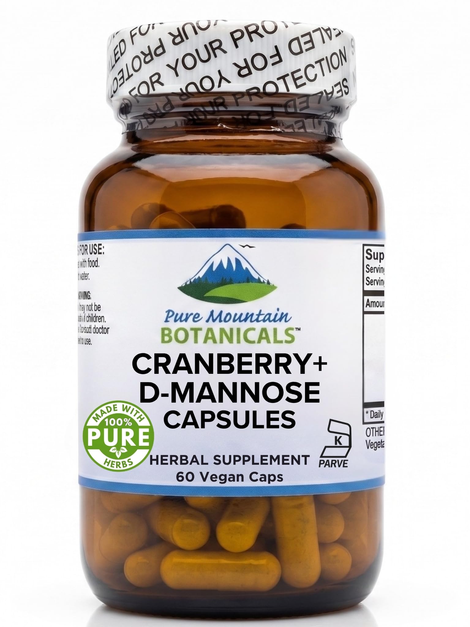 Pure Mountain Botanicals D-Mannose with Cranberry 1000mg Capsules, 60 Count