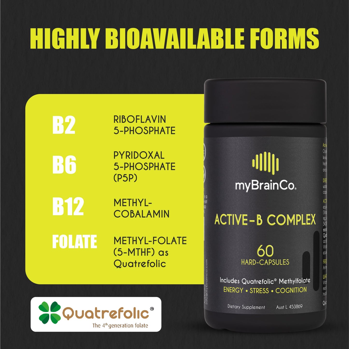 myBrainCo Active-B Complex – High Strength Activated B Vitamin Supplement with B2, B6, B12 & Methyl Folate – Supports Energy, Brain Function & Nervous System Capsules, 60 Count