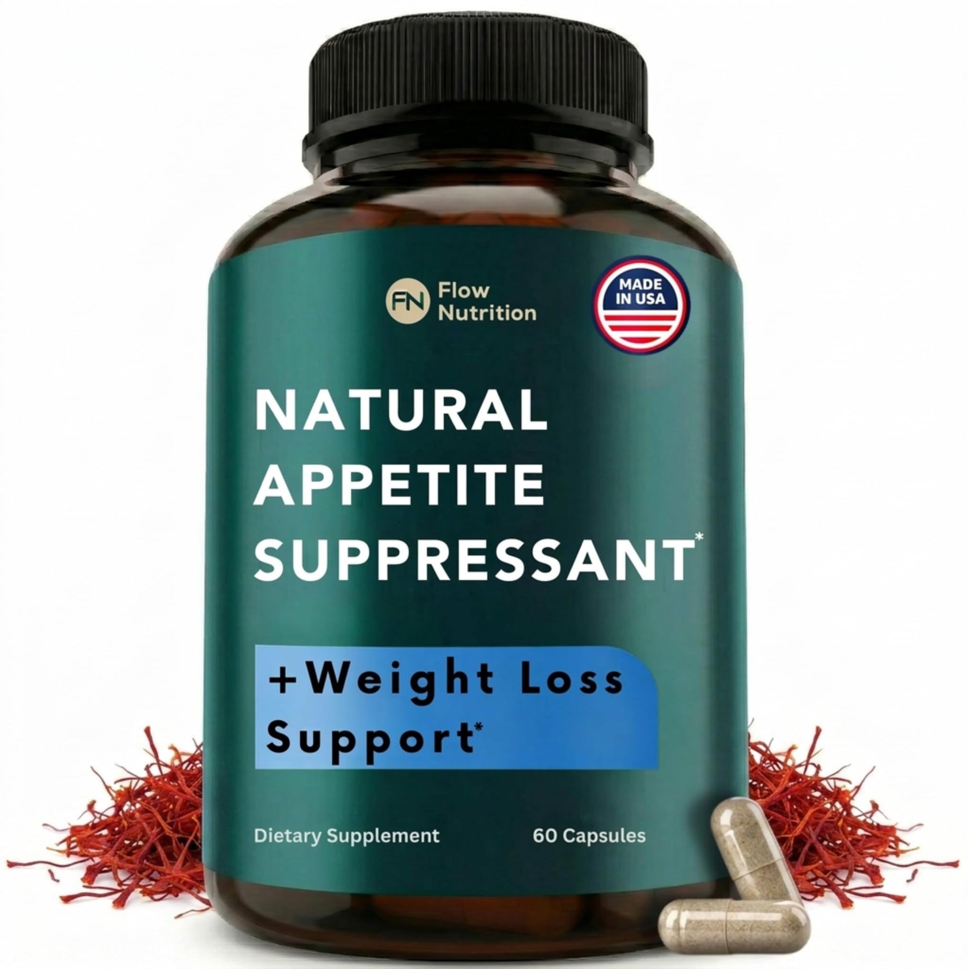 FLOWNUTRITION Natural Appetite Suppressant for Women & Men, Non-Stimulant Satiety Support & Holistic Daily Formula, 60 Capsules