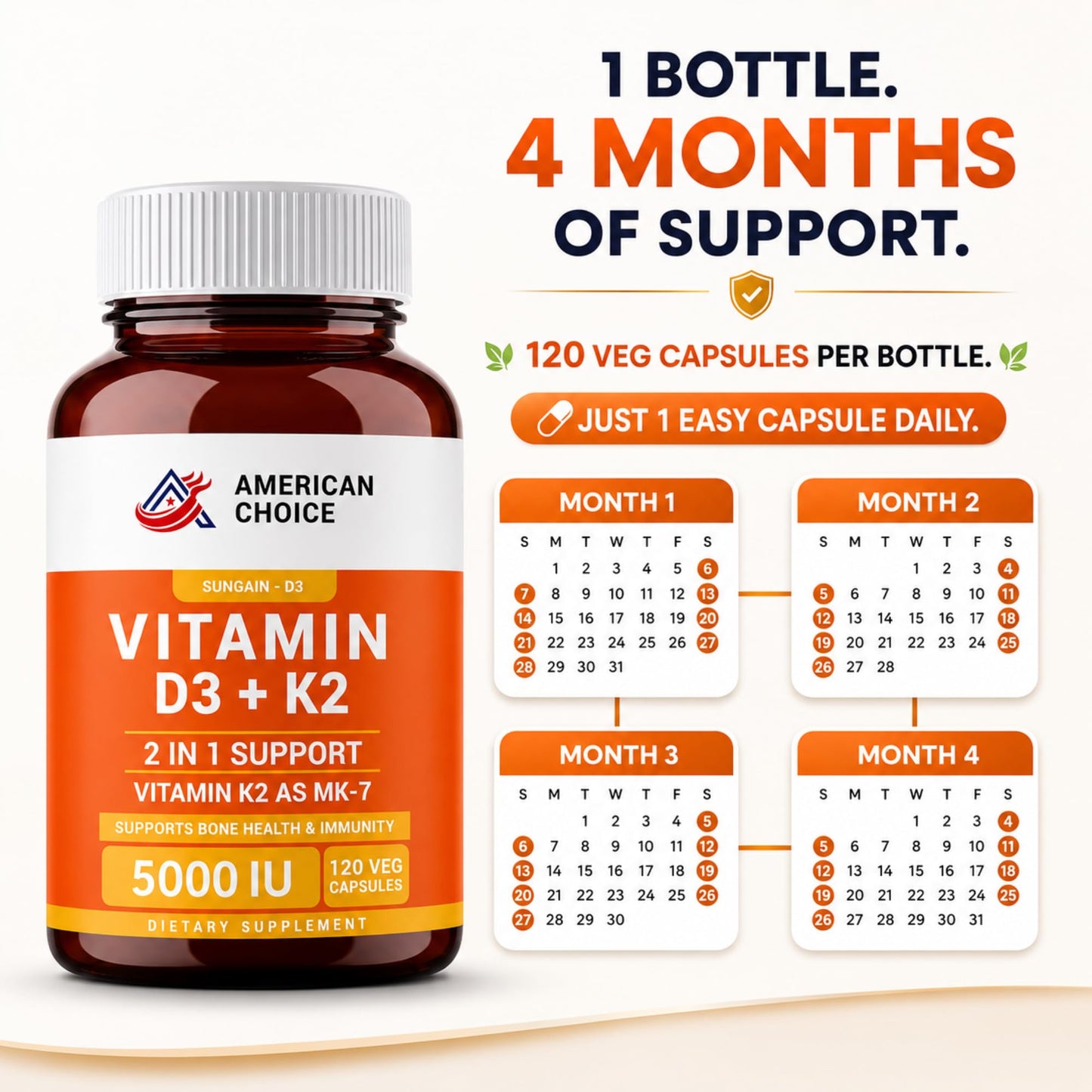 American Choice Vitamin D3 5000 IU K2 100 mcg Capsule, 120 Capsules