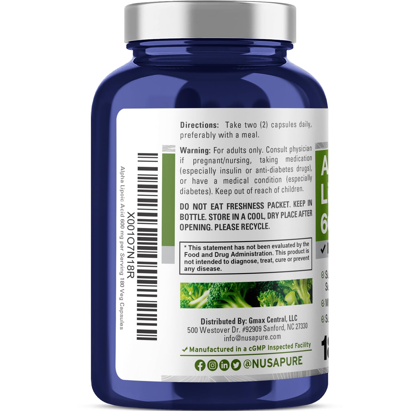 NusaPure Alpha Lipoic Acid 600mg Capsule, 180 Count