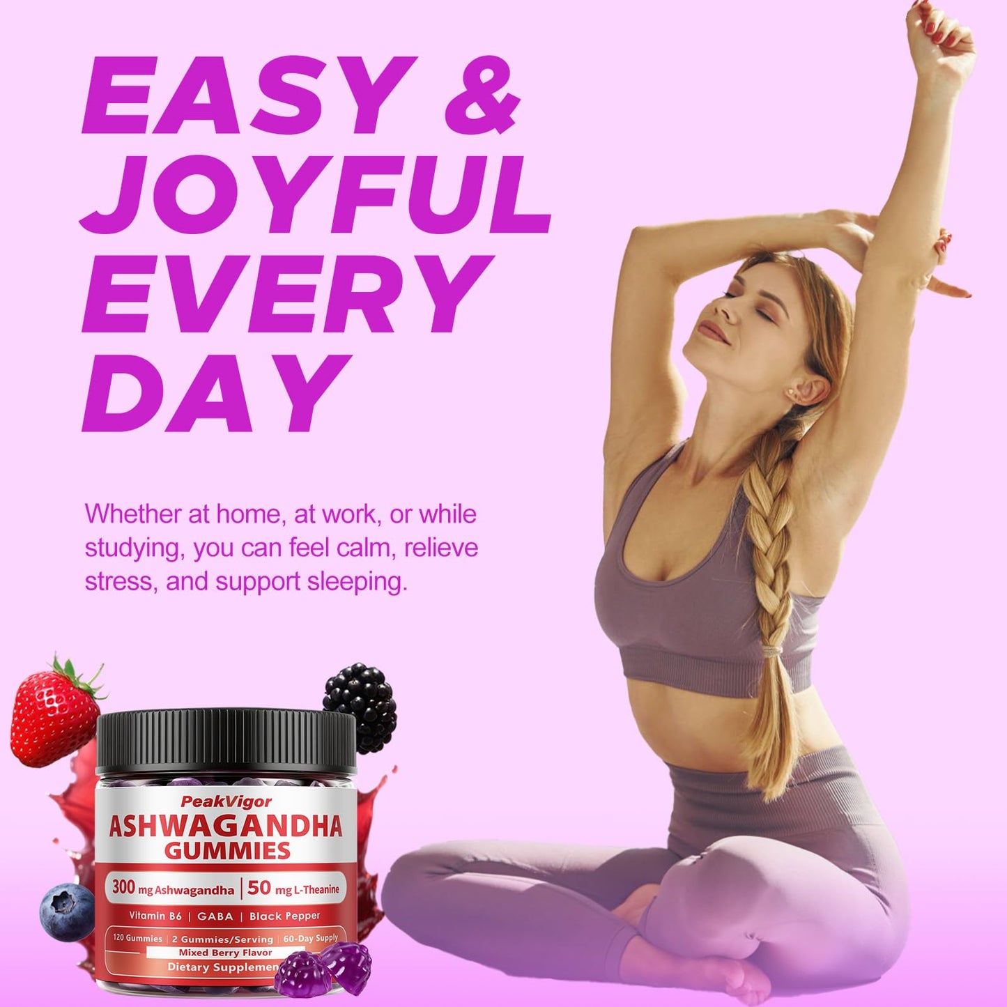 PeakVigor Fitness 3000mg Organic Ashwagandha Gummies, 5-IN-1 Ashwagandha Supplements with Vitamin B6, L-Theanine, GABA & Black Pepper, Ashwagandha for Women & Men - Calming & Relax, 120 Gummies