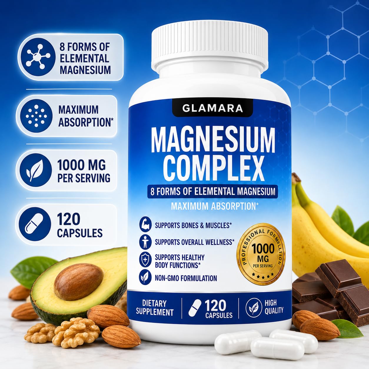 GLAMARA Magnesium Magnesium Complex for Women and Men Capsules, 120 Count