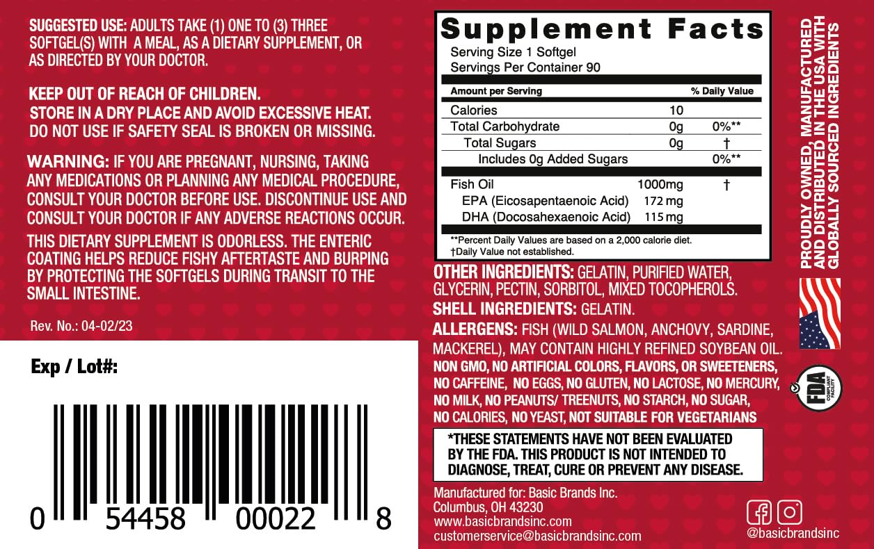 Basic Brands Smart Heart Odorless Omega-3 Fish Oil 1000mg - Triple Strength EPA & DHA, Non-GMO, Heart & Cognitive Support, 180 Softgels