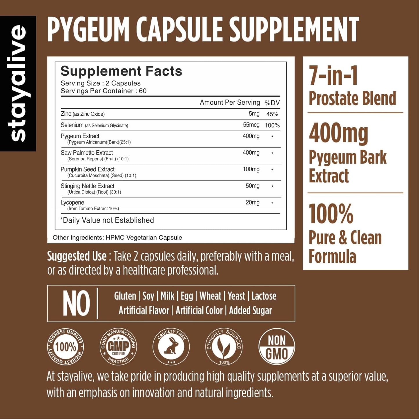 STAY ALIVE Pygeum Africanum Supplement 7-in-1 Extract with Saw Palmetto, Pumpkin Seed, Stinging Nettle and Lycopene Capsule, 120 Count