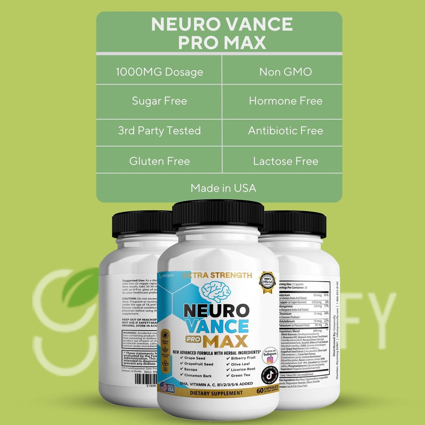 GREENVIFY Neuro Vance Pro Max Extra Strength Brain Supplement, 60 Capsules
