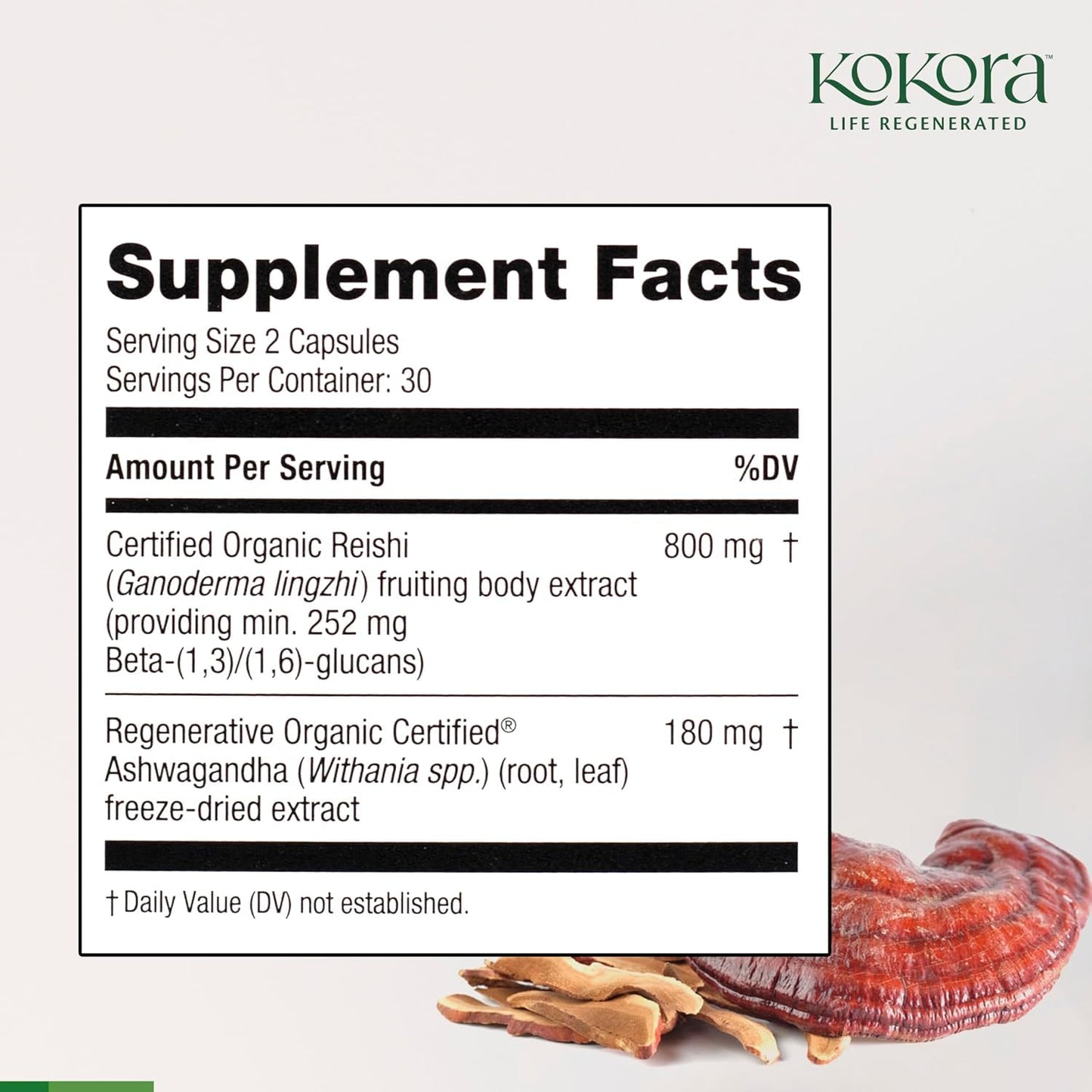 Kokora Reishi Vitality Organic Adaptogenic Mushroom Capsules with Beta Glucans & Ashwagandha, Vegan, Non-GMO, 60 Capsules