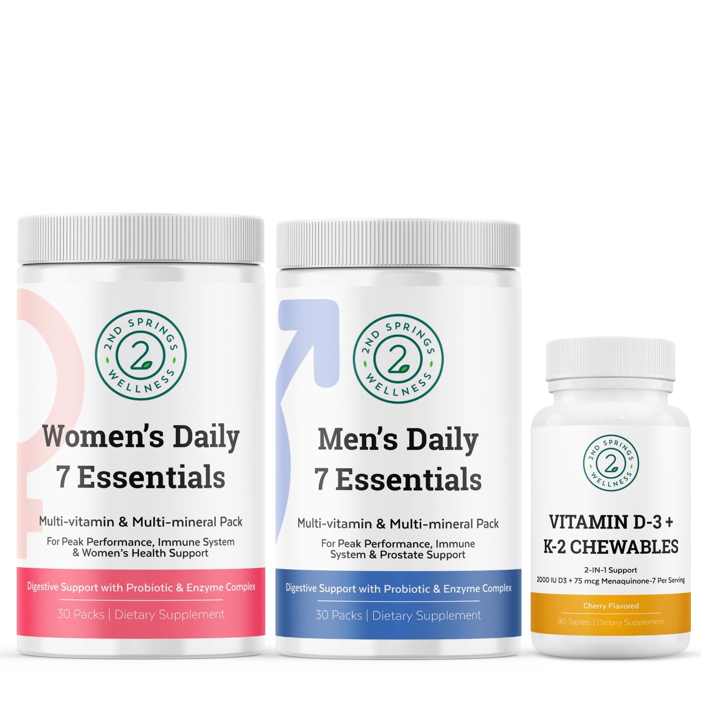 2nd Springs Women's & Men's Daily 7 Essentials + Vitamin D3 + K2 Chewables, 180