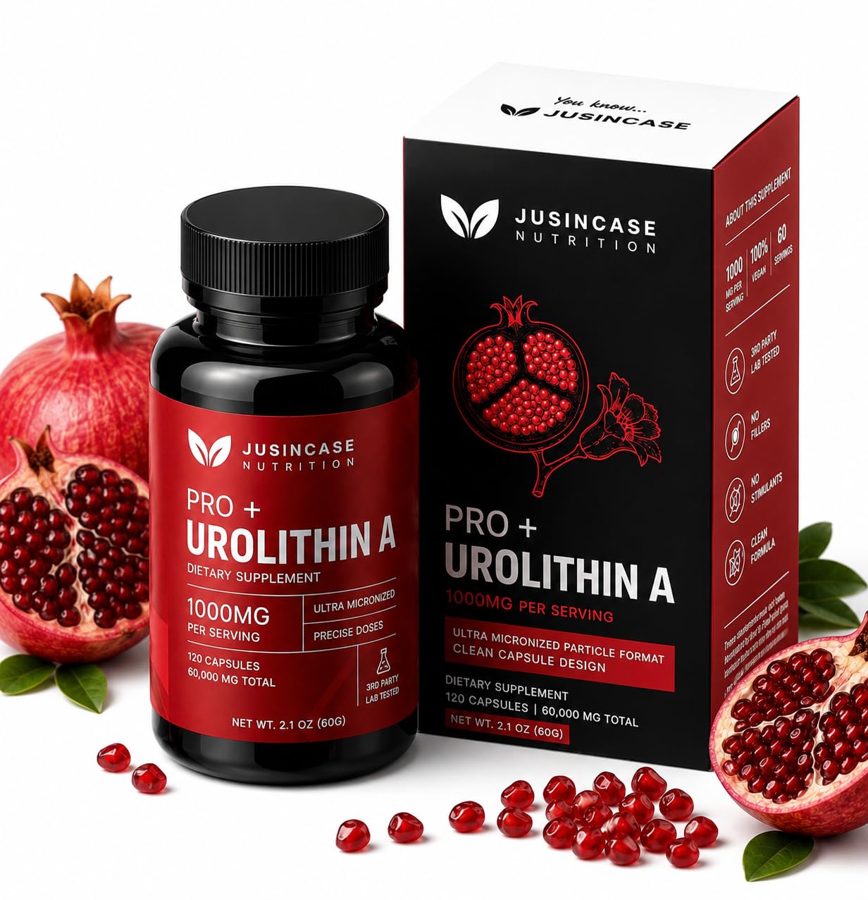 JUSINCASE NUTRITION Urolithin A PRO Capsules - 1000mg, 120 Count