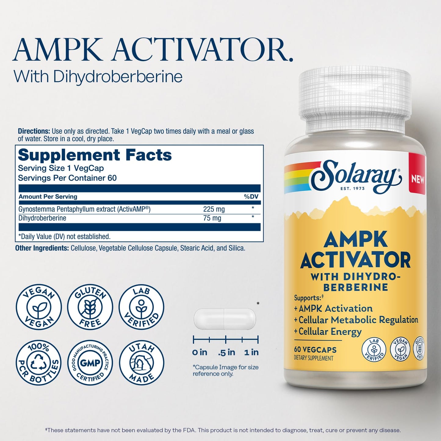 Solaray AMPK Activator Plus Dihydroberberine - Clinically Backed Ingredient - Advanced Berberine Supplement - Cellular Energy and Cellular Metabolism Support Capsule, 60 VegCaps