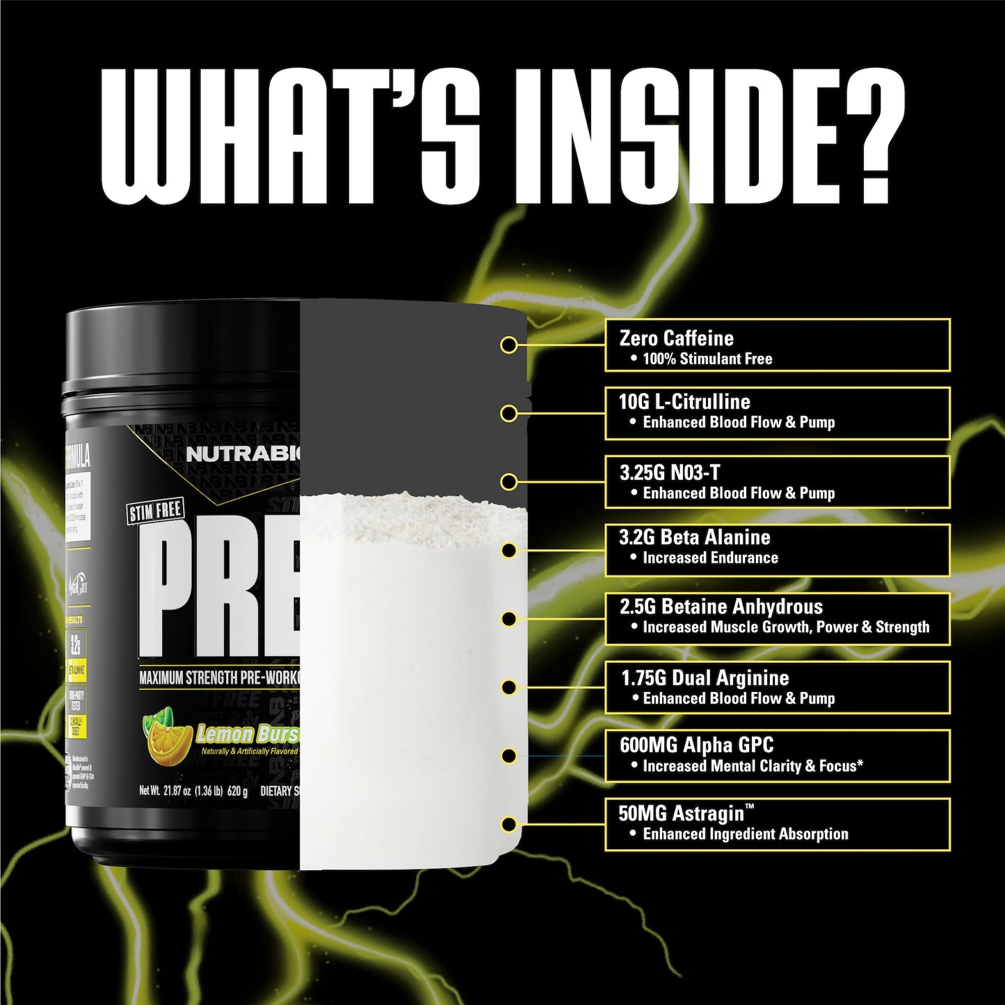 NutraBio STIM-Free PRE Workout for Men Powder 21.87 Servings Lemon Burst