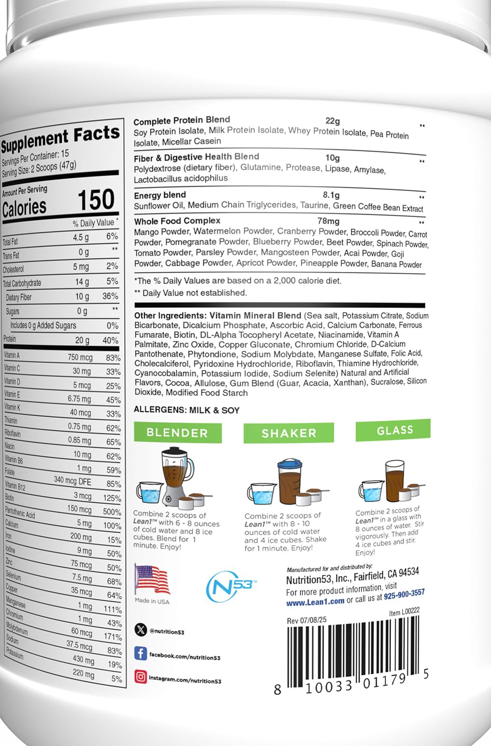 LEAN1 Chocolate Mint Flavor Fat-Burning Meal Replacement Protein Shake Powder, 27.5 Ounce