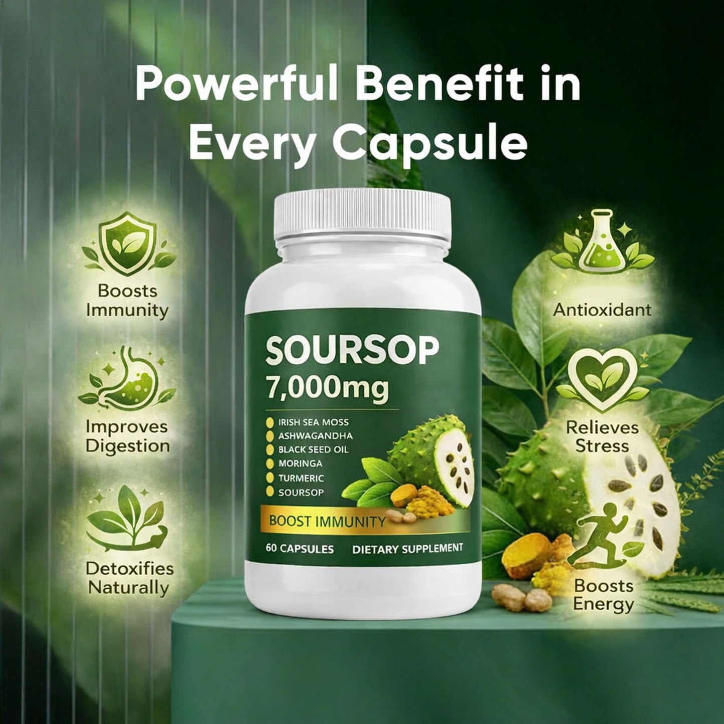 Jfsyb Soursop Capsules with Sea Moss, Moringa, Turmeric Oil, Black Seed Oil, Oregano, 1 Count