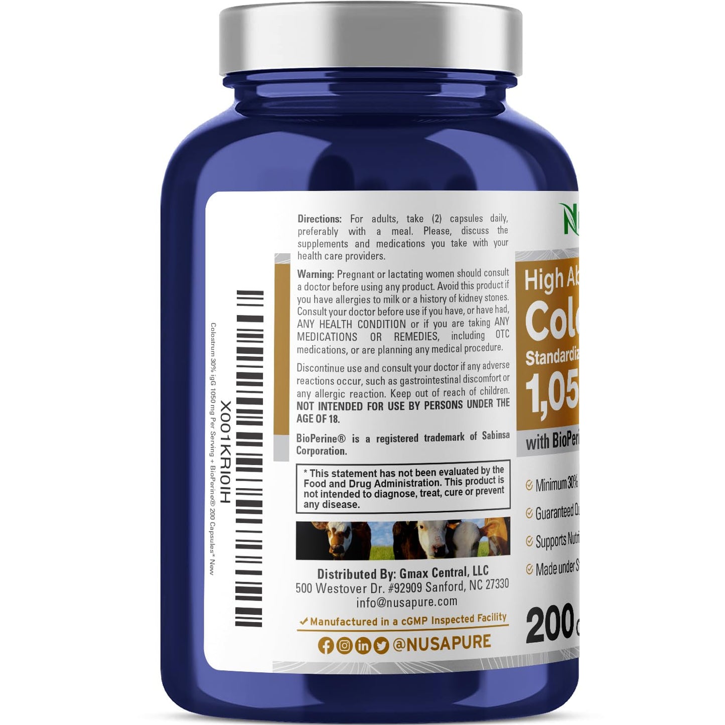 NusaPure Colostrum 1050mg 30% IgG Capsules, 200 Count, Non-GMO, Soyfree, Bioperine