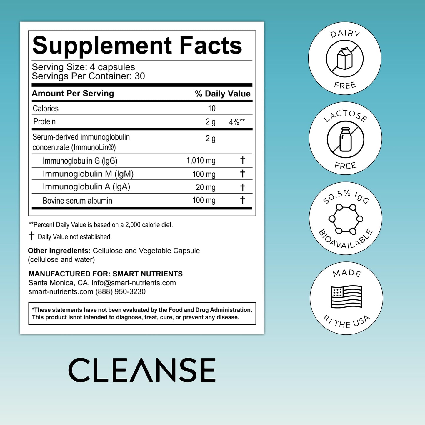 Smart Nutrients CLEANSE IgG Dairy-Free Colostrum 50.5% IgG Potent Concentrated Immune Support Daily Gut Health Detox, Energy, Prebiotics, Digestive Support 120 Capsules