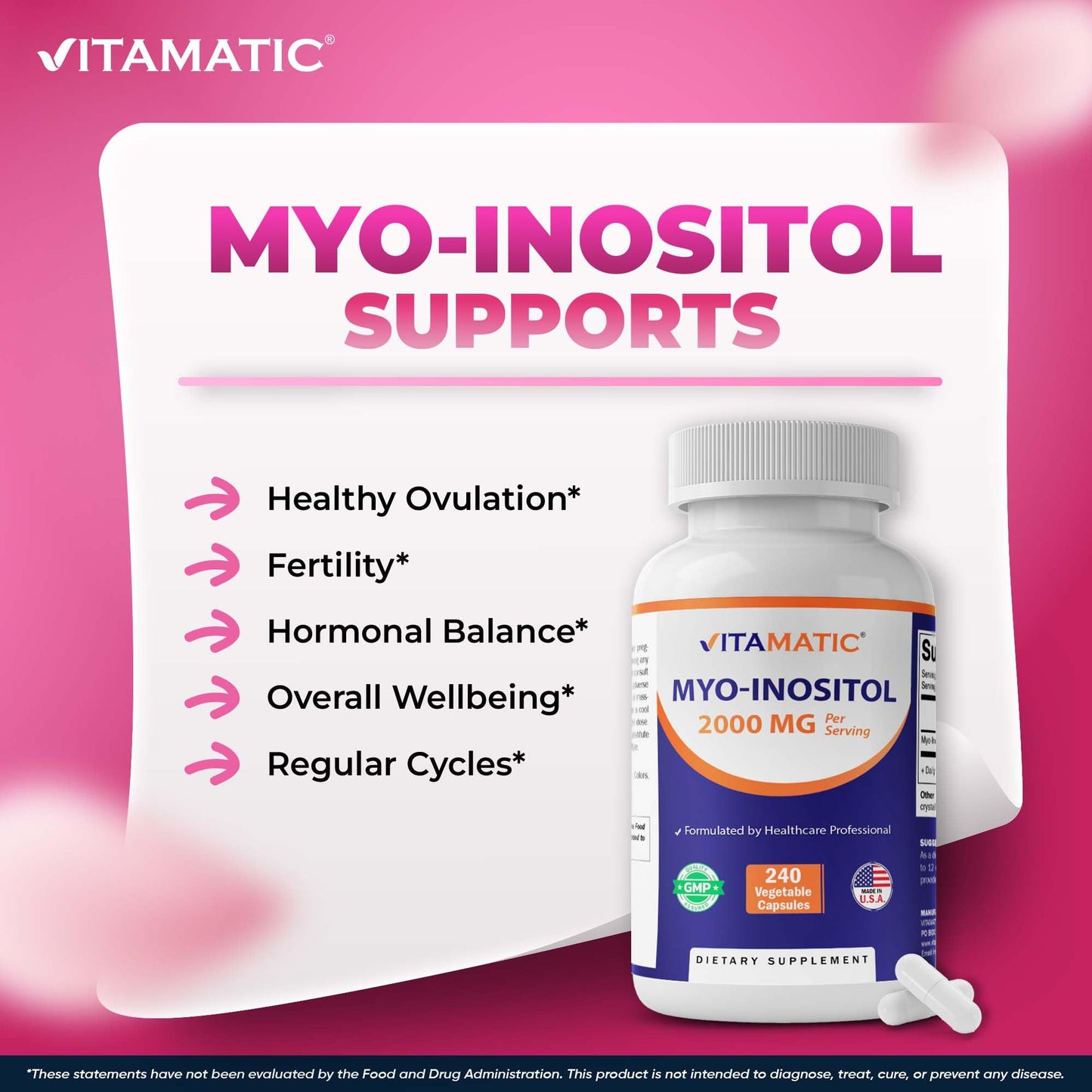 Vitamatic Myo-Inositol 2000 mg Per Serving, 240 Vegetable Capsules, Non-GMO, Gluten Free