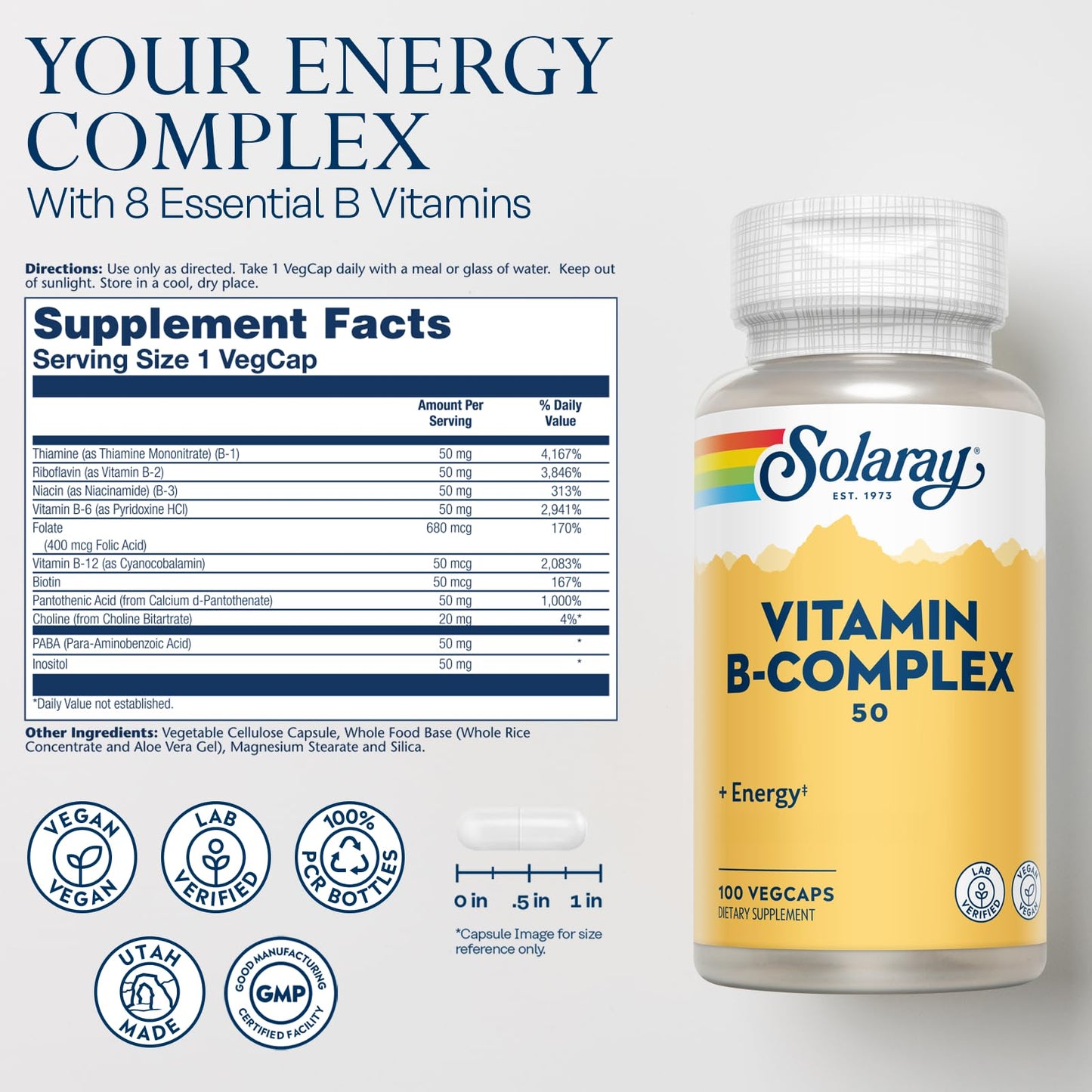SOLARAY Vitamin B Complex 50 mg Capsule, 100 VegCaps