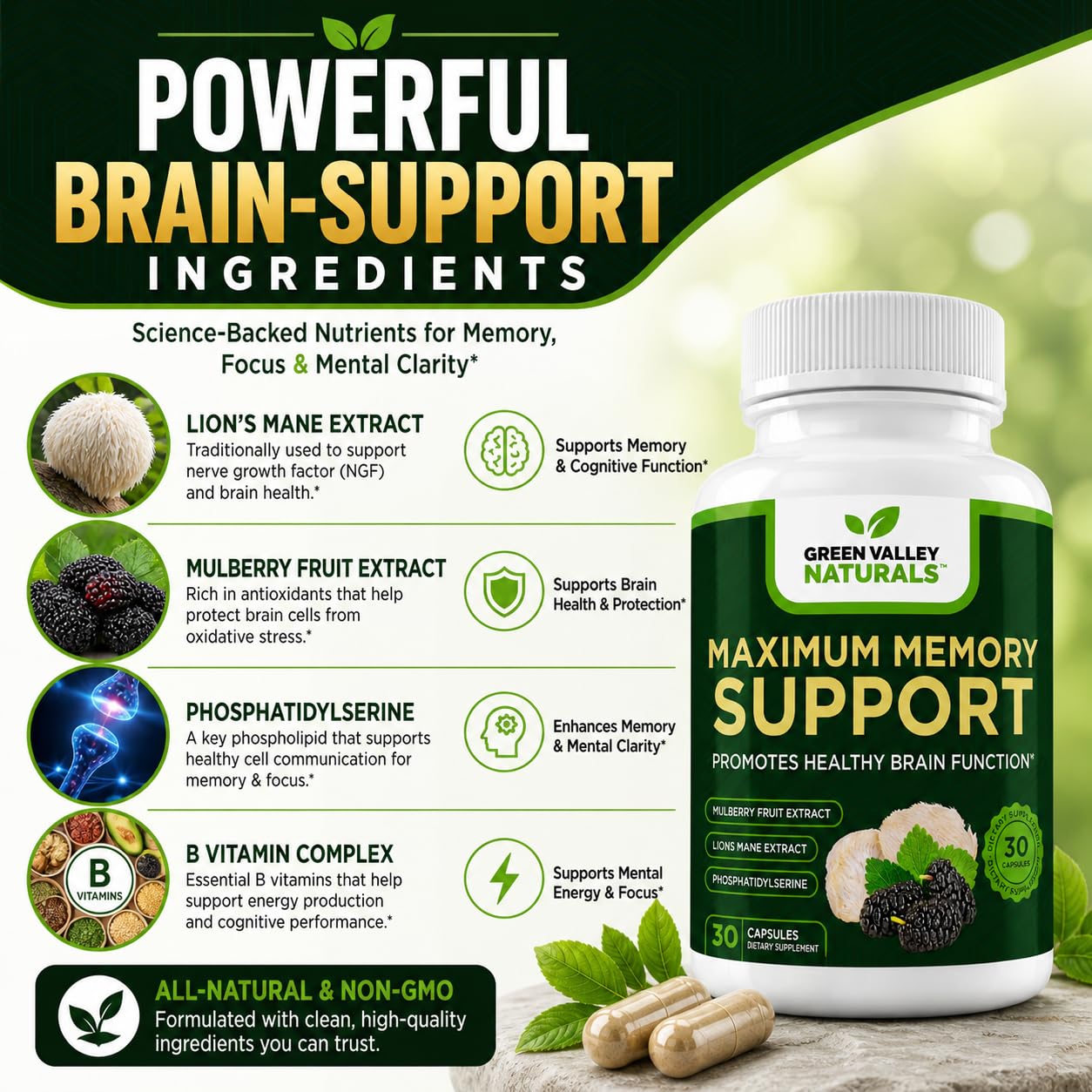 Green Valley Naturals Maximum Memory Support Cognitive Formula with Lion’s Mane, Mulberry, Phosphatidylserine & Methylated B-Vitamins Brain Health & Focus, 30 Capsules