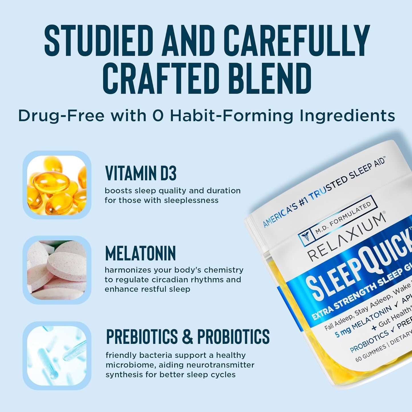 Relaxium SleepQuick Gummies - Sleep Aid + Gut Health & Immune Support, 5 mg Melatonin, Vitamin D-3 + Prebiotic & Probiotic Blend, Gluten & Drug Free, Lemon Flavor, 60 Gummies