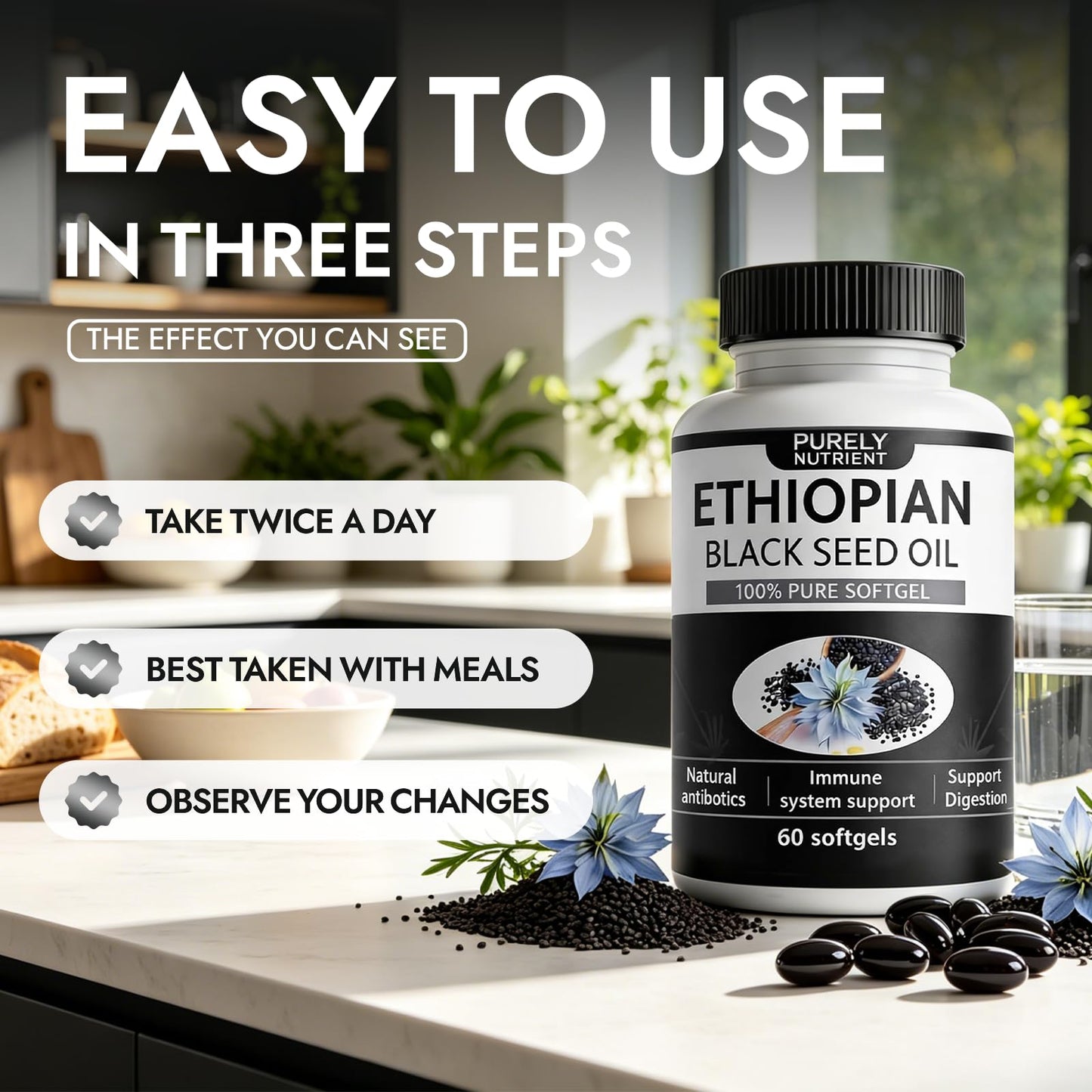 DoggySupps Purely Nutrient Ethiopian Black Seed Oil - Cold-Pressed Nigella Sativa Seed Oil, High Thymoquinone Formula, Non-GMO, Gluten Free - 60 Capsules