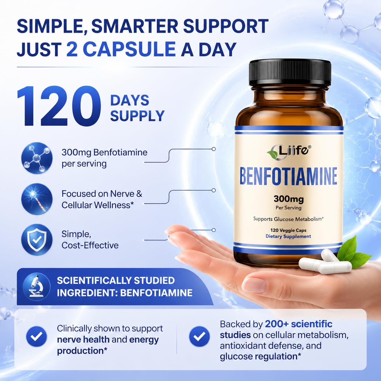 LIIFE Benfotiamine 300mg with Leucine Capsule, Fat-Soluble Vitamin B1 Support for Glucose Metabolism and Overall Health, 120 Veggie Capsules