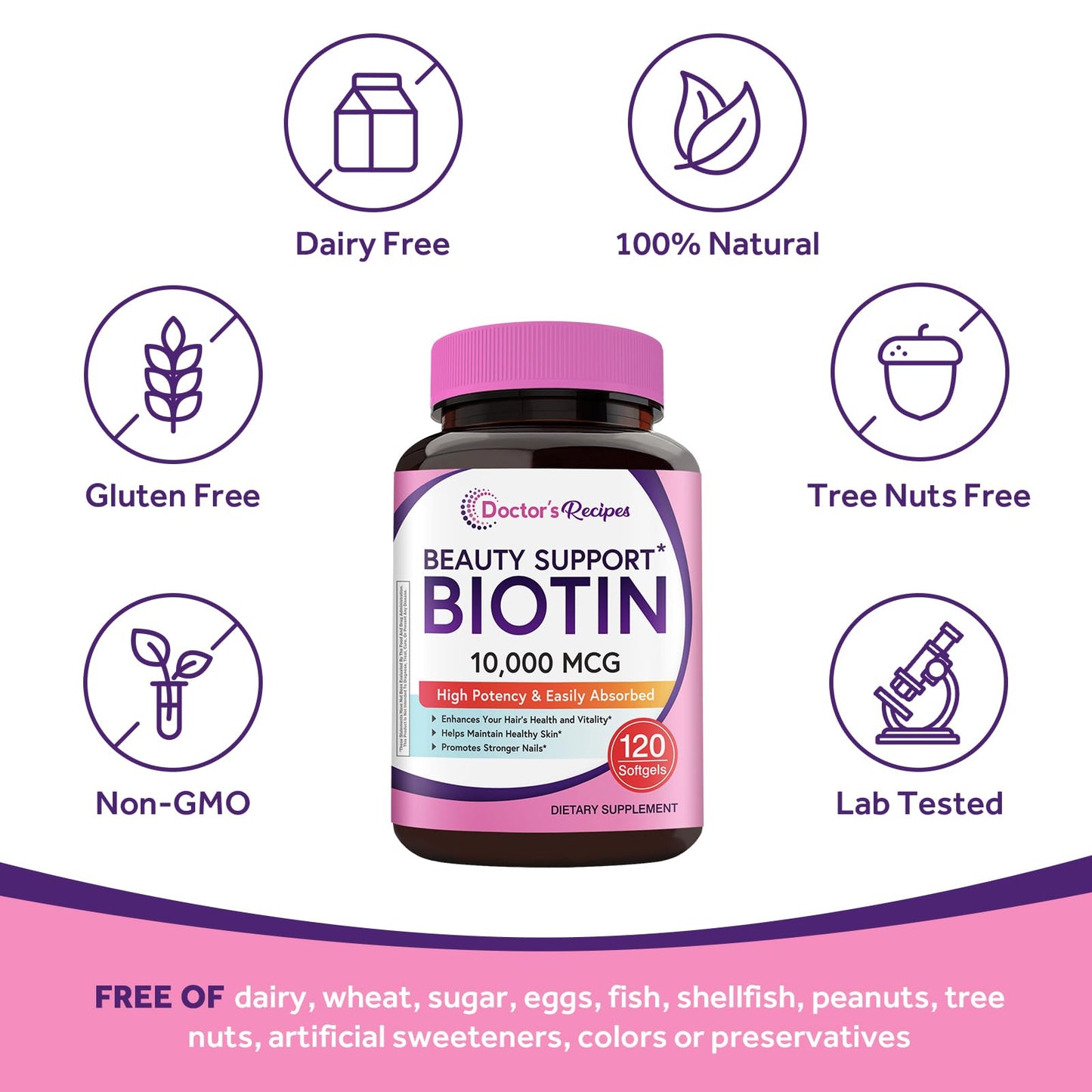 Doctor's Recipes Biotin 10,000mcg High Potency Vitamin B7 for Hair, Skin & Nails Softgels 120