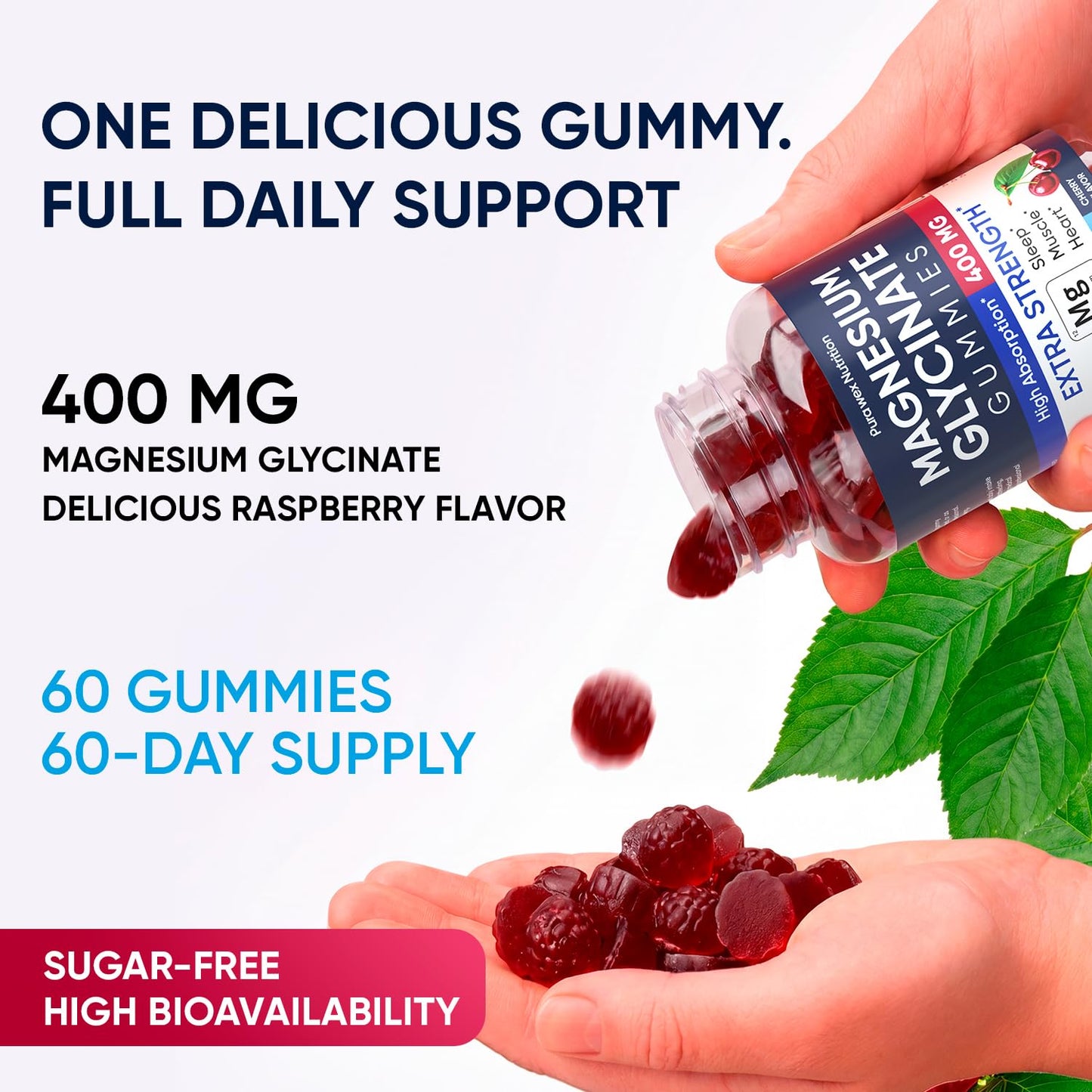 PURA WEX NUTRITION Magnesium Glycinate Gummies 400mg Extra Strength Cherry Flavor, 60 Count