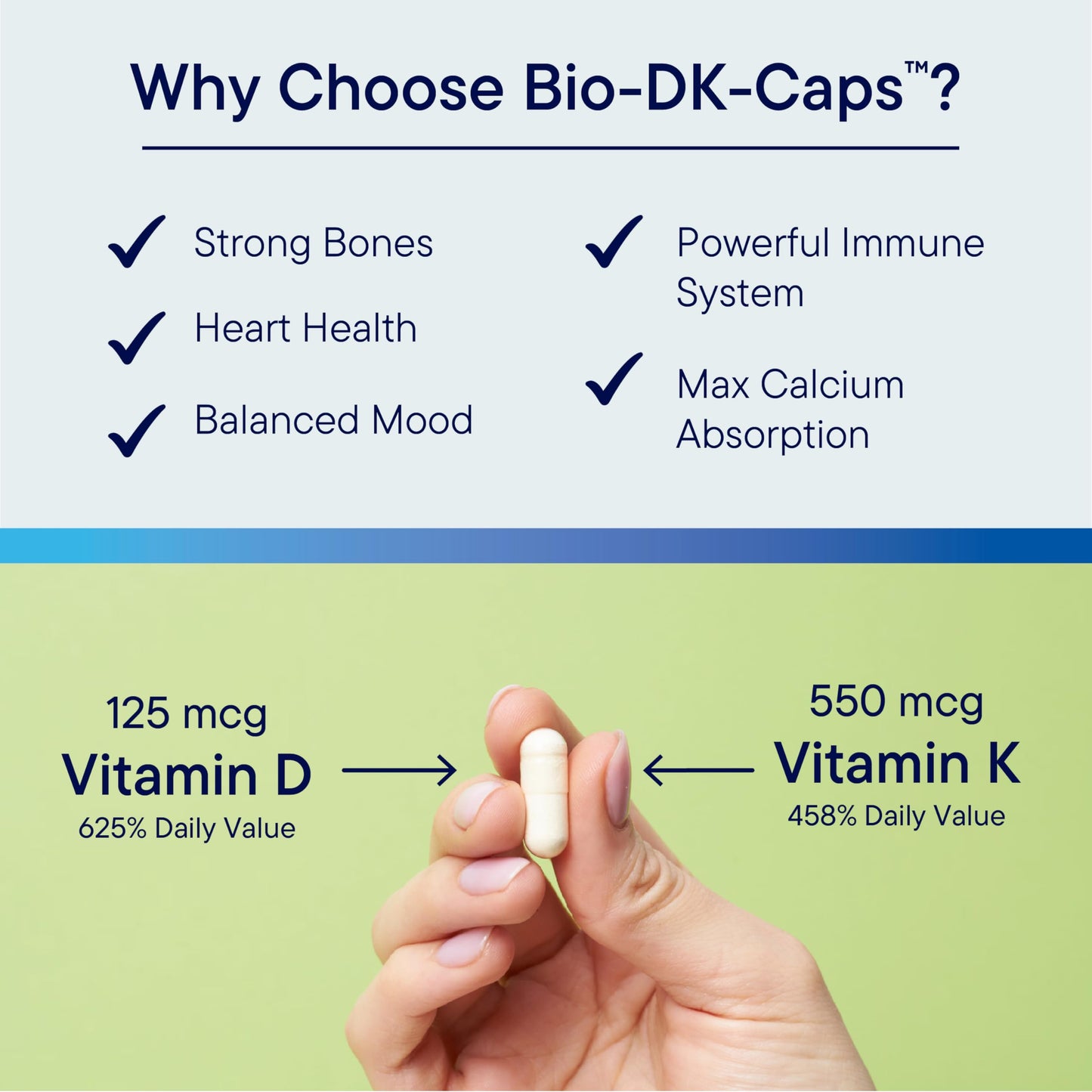 BIOTICS RESEARCH Bio-DK Caps Emulsified Vitamin D and K, Vitamin D3 125 mcg & Vitamin K (K1, K2) 550 mcg MK7, Vitamin D3 K2 K1, 60 Capsules
