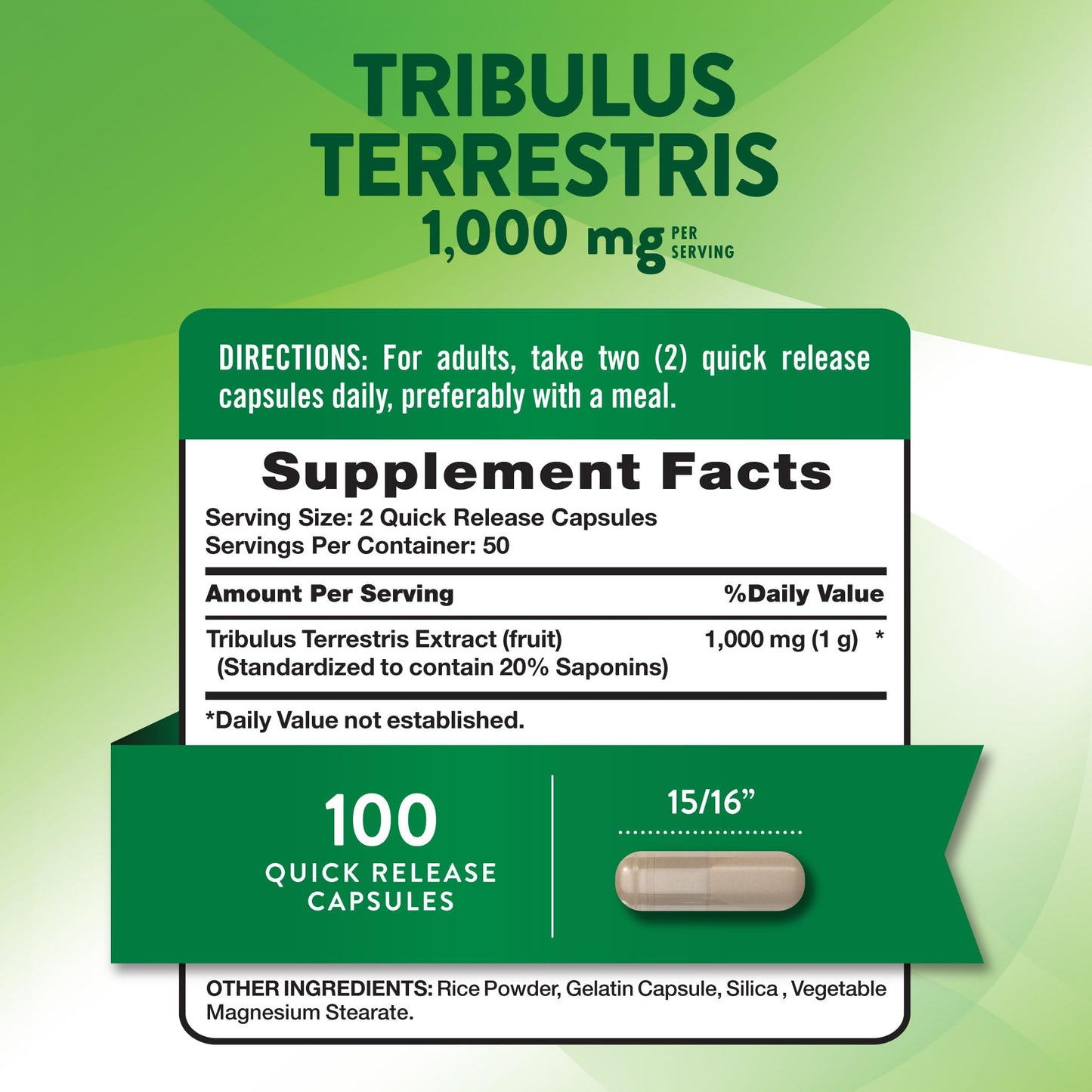 Nature's Truth Tribulus Standardized Extract, Minimum 45% Saponins, 1000 mg, 100 Capsules