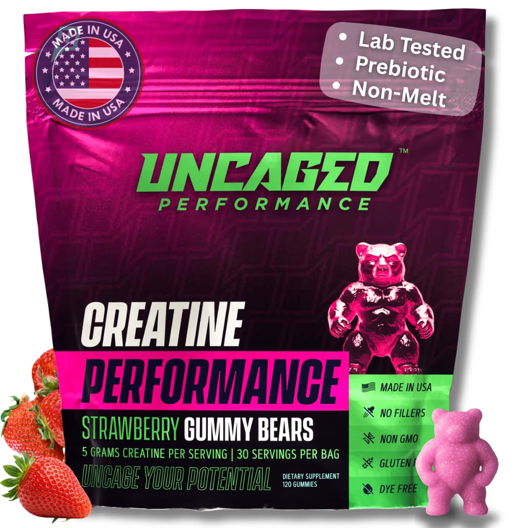 Uncaged Performance Creatine Monohydrate Gummies 5g with Prebiotic Fiber, 120 Count