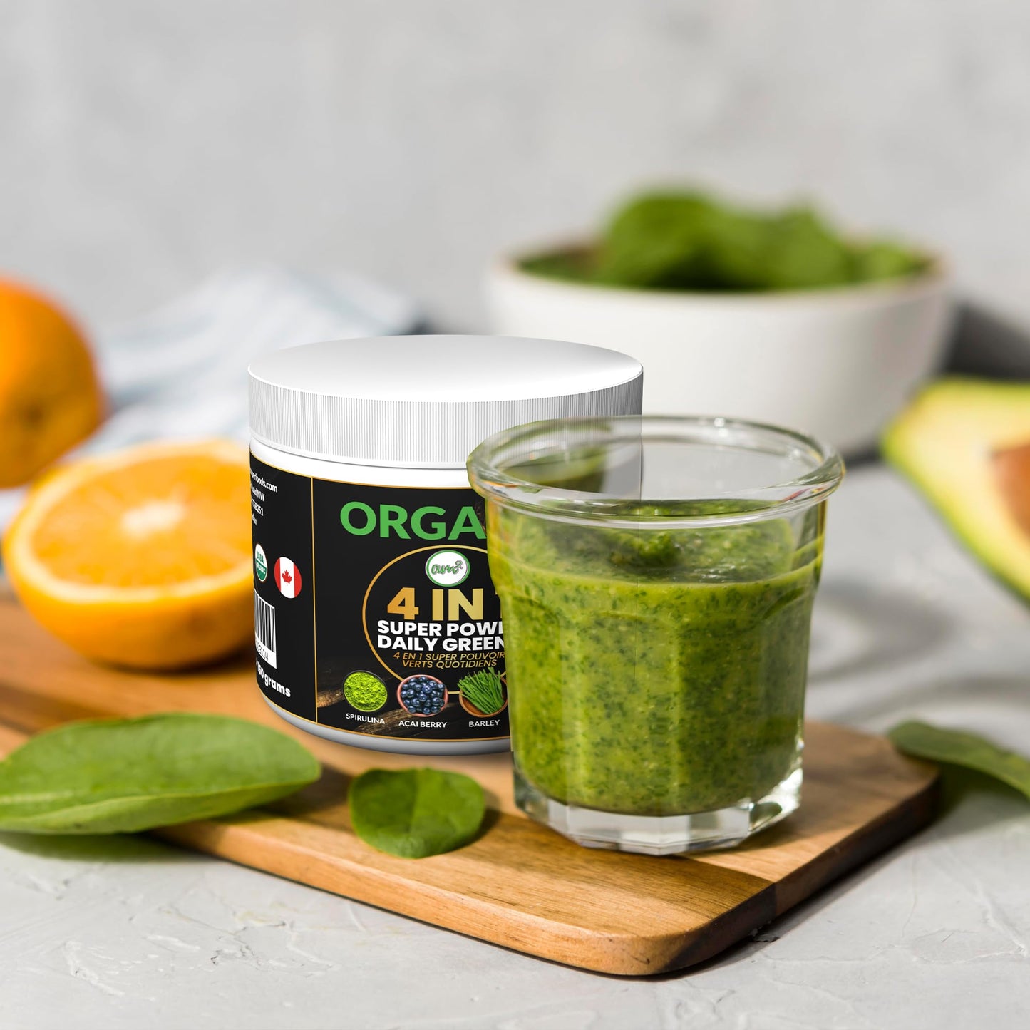 am2 Organic Superfood Powder 4-in-1 Blend – Moringa, Spirulina, Barley Grass, Acai Berry, 1 oz