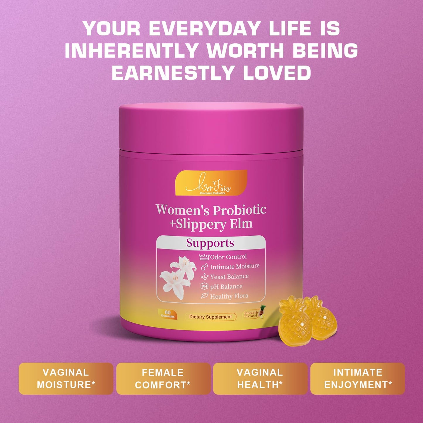 Brurtzexs Her Juicy Feminine Probiotics Gummies for Women with Slippery Elm - Pineapple Flavor, pH Balance & Immune Health Support - Digestive & Feminine Support - Vegan Supplement, 60 Gummies