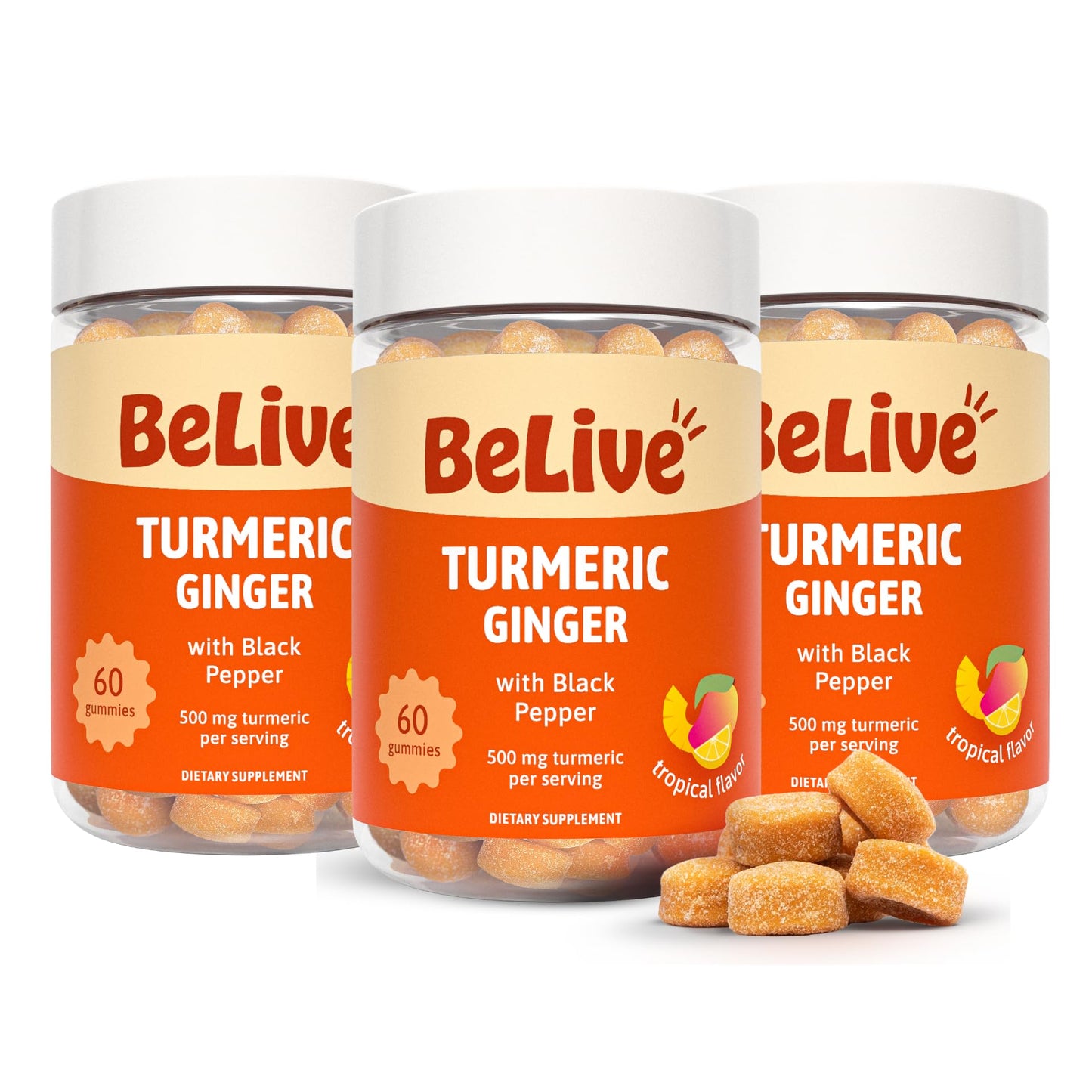 BeLive Turmeric and Ginger Gummies 500mg Joint and Mobility Support Supplement Curcumin with Black Pepper for Enhanced Absorption Tropical Flavor, 180 Count