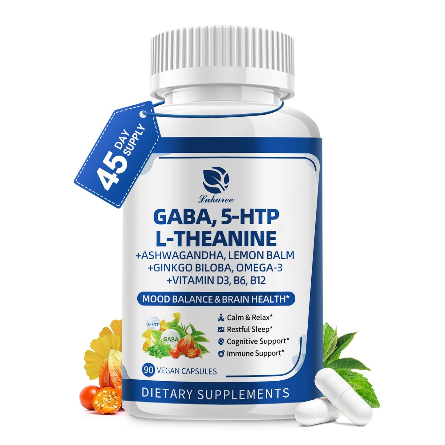 Lukaree GABA Capsules 750mg with L-Theanine, 5-HTP, Ashwagandha, Lemon Balm, Ginkgo Biloba, Omega-3, 90 Capsules