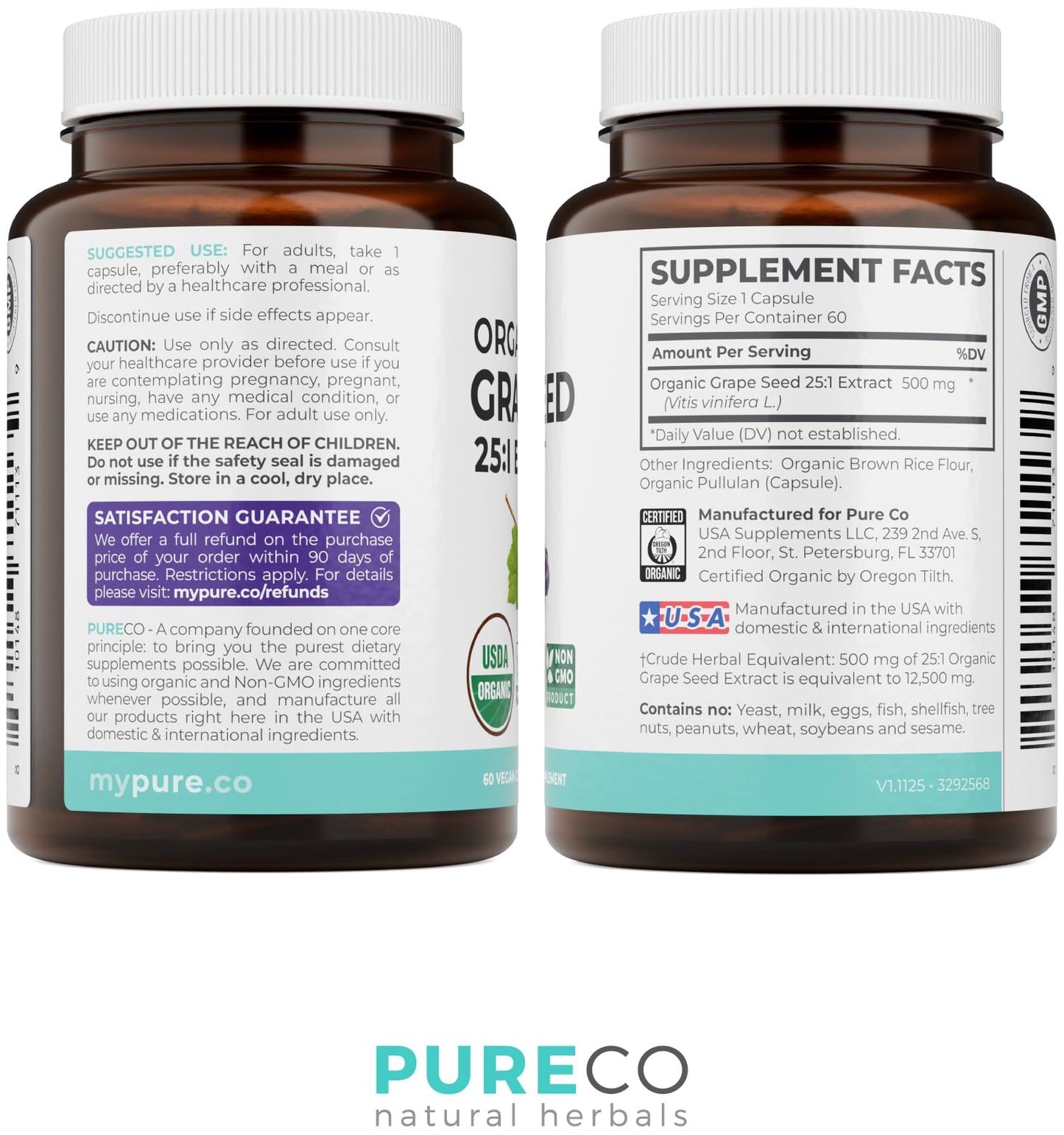 PURE CO Grape Seed Extract, USDA Organic, High Potency 25:1, Capsule, 60 Count