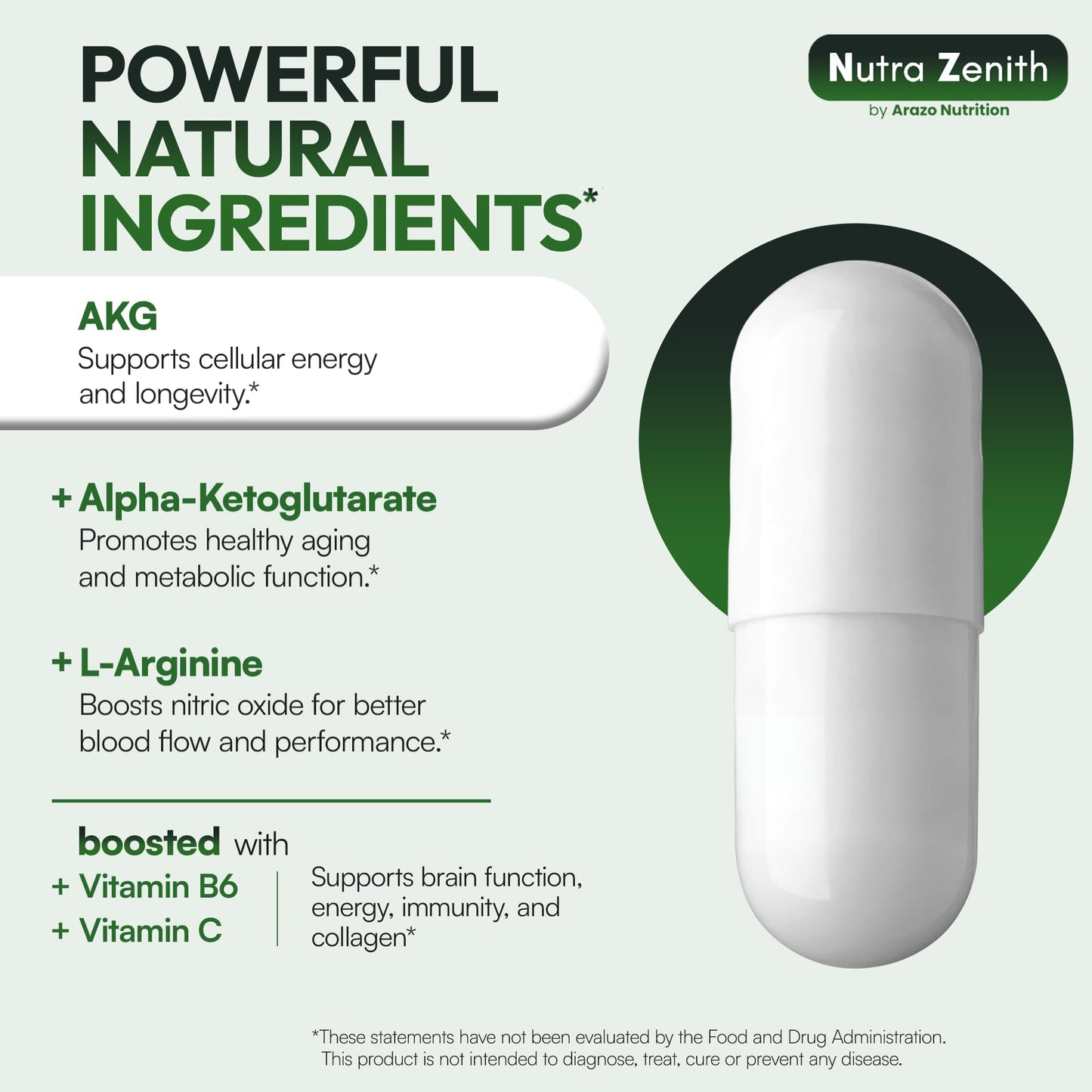 Arazo Nutrition AKG Anti-Aging & Energy Boost Supplement with Vitamin B6, Vitamin C & L-Arginine 60 Capsules