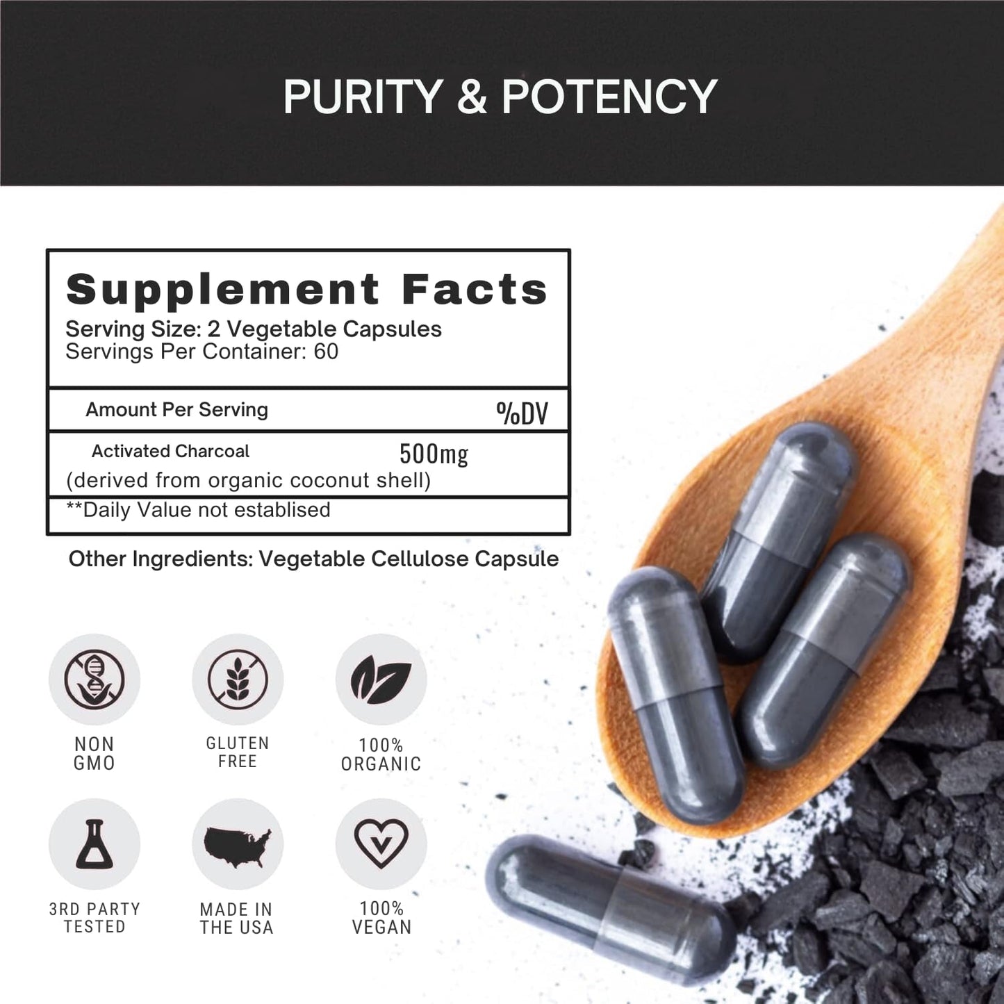 Bhumi Organic Coconut Based Activated Charcoal 500 mg Capsule 60 Count