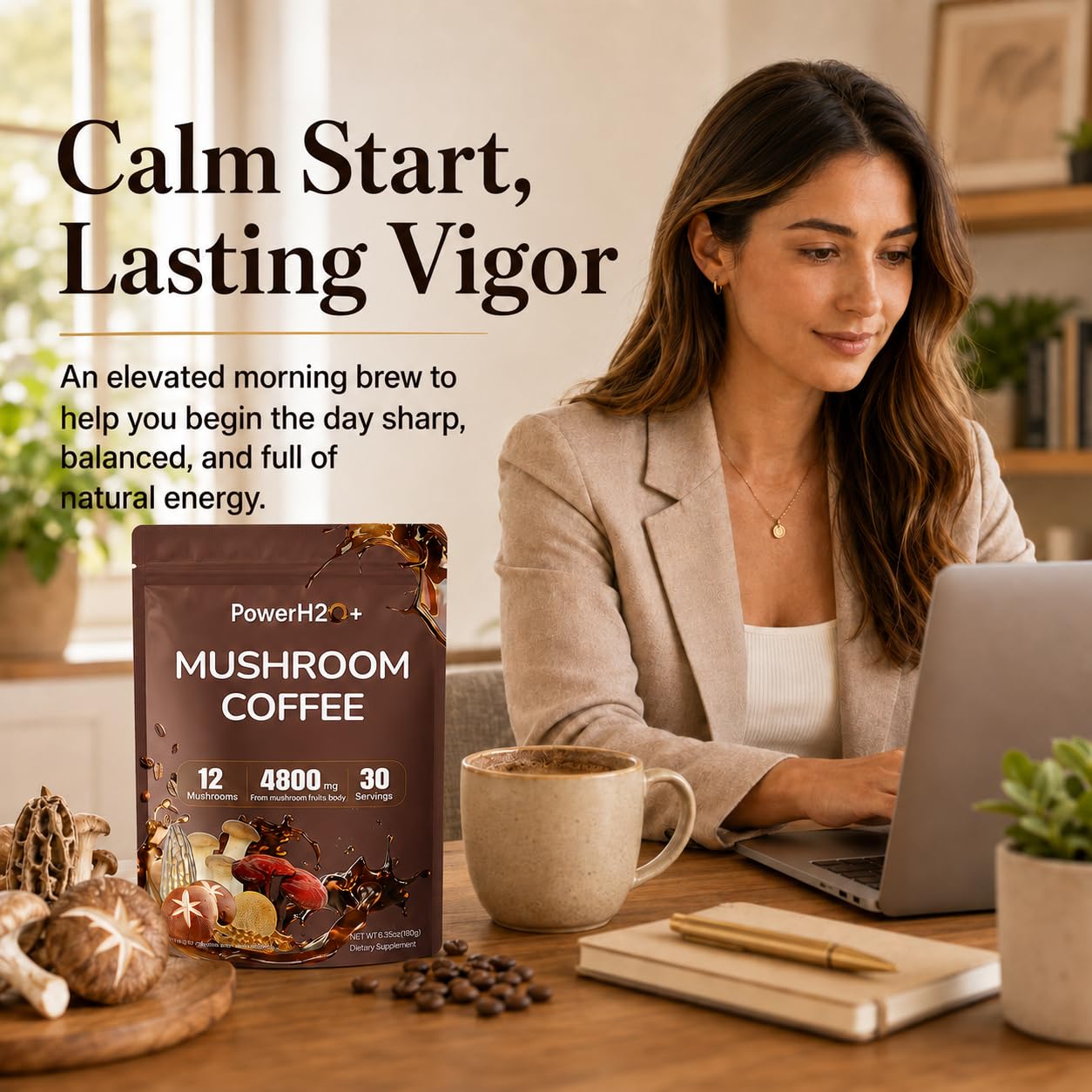 PowerH2O+ Mushroom Coffee 12 in 1 with 4800mg Lion's Mane, Reishi, Chaga, Cordyceps, Turkey Tail for Energy, Focus, Positive Mood & Immune Support Powder, 6.35 Ounce