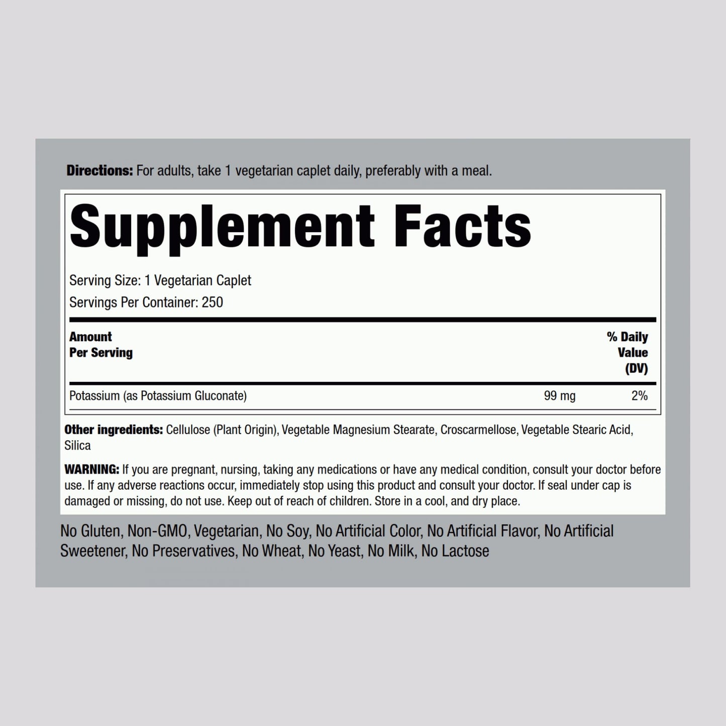 Piping Rock Chelated Potassium Supplement 99mg Caplets 250