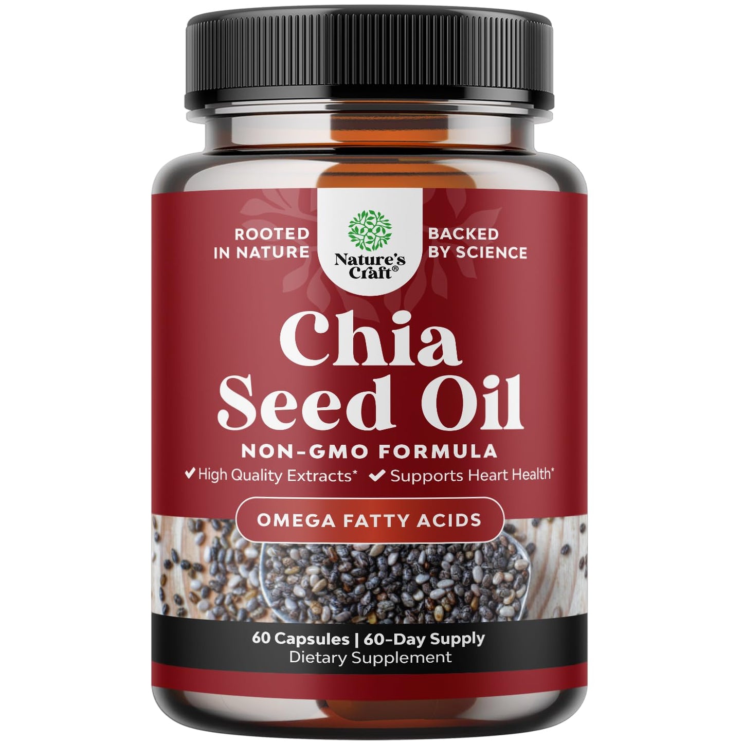 Natures Craft Chia Seed Oil Extract Capsules - Plant Based Omega-3-6-9, Digestive & Immune Support, Heart Health, 60 Count