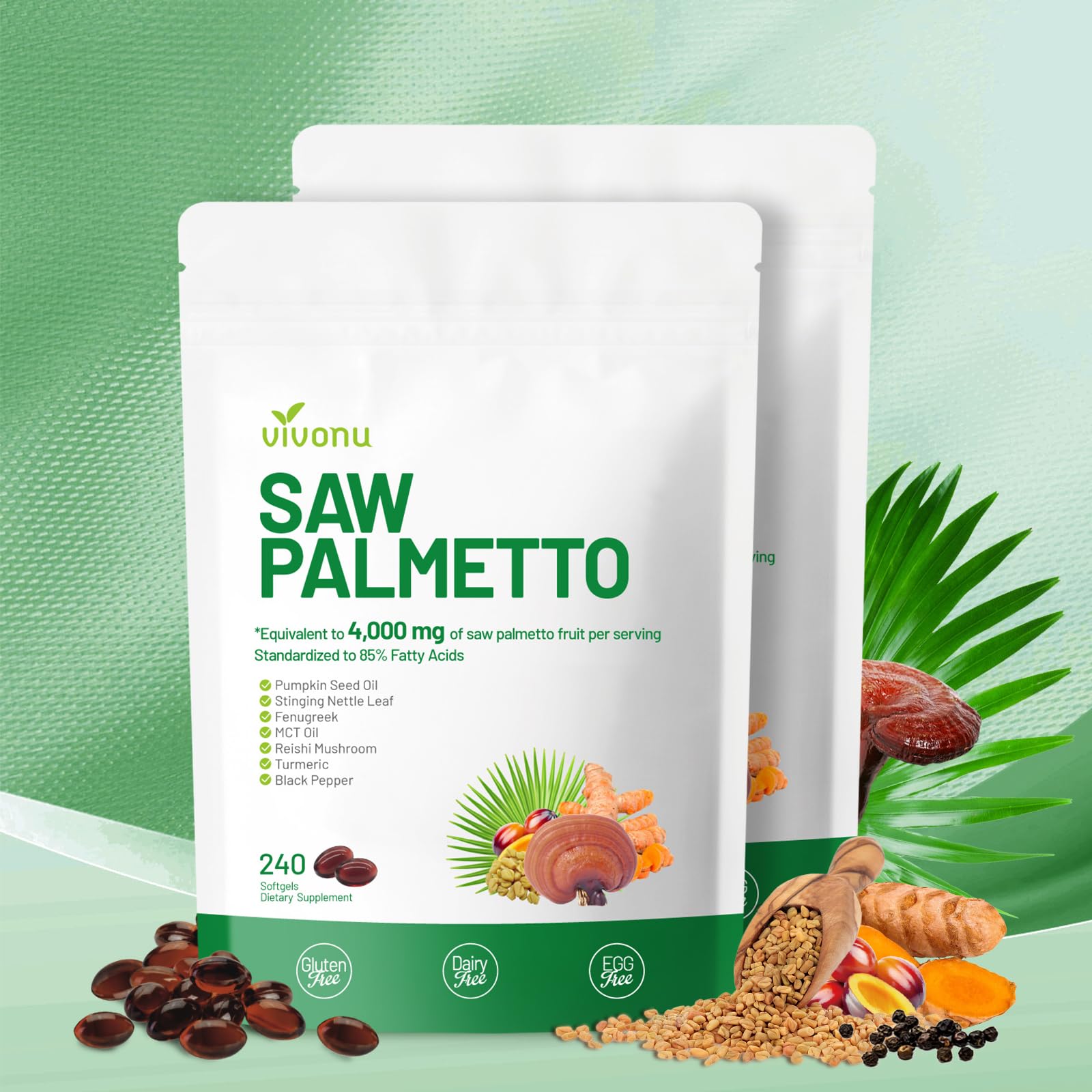 VivoNu Saw Palmetto Extract 8 in 1, Pumpkin Seed Oil - Supports Prostate Health, Relieves Urination Issues, Supports Hair Growth, DHT Blocker, 1 Capsule