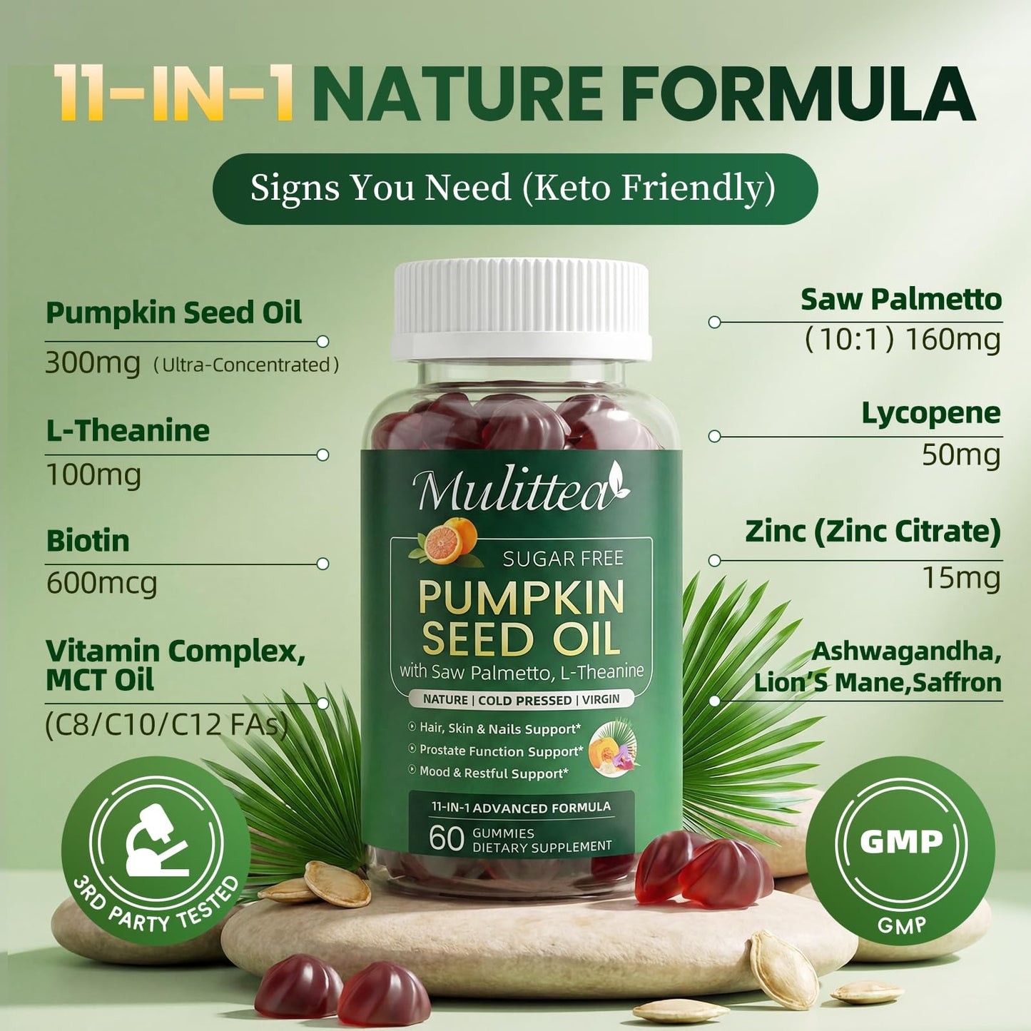 Mulittea Pumpkin Seed Oil with Saw Palmetto Gummies with L-Theanine for Mood, Hair & Prostate Support, Virgin Cold Pressed, Essential Fatty Acids & Phytosterols, Non-GMO, 120 Gummies