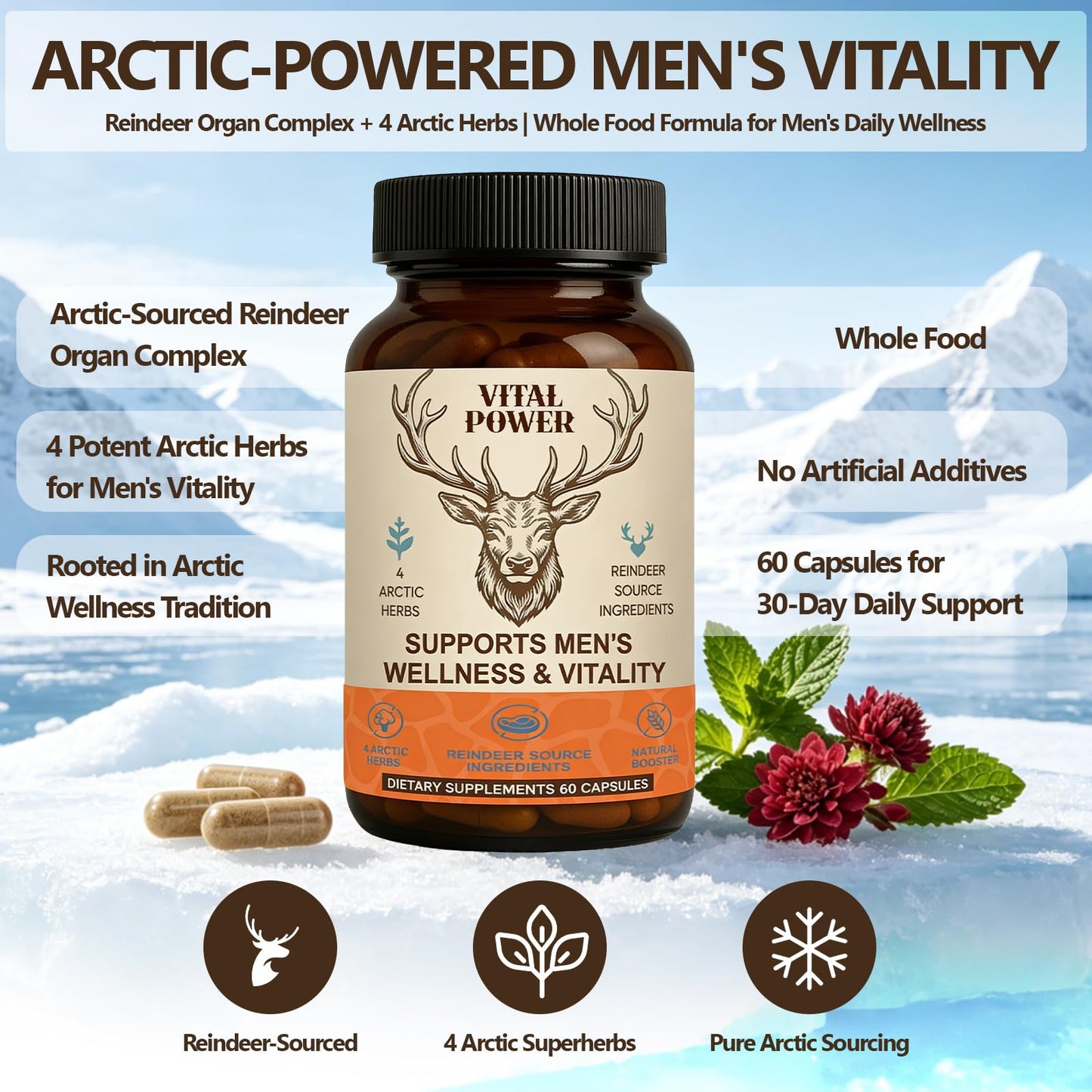 Bnaddain Men’s Vitality Supplement Arctic Herbal & Reindeer Nutrient Blend Energy Support Capsules, 60 Capsules
