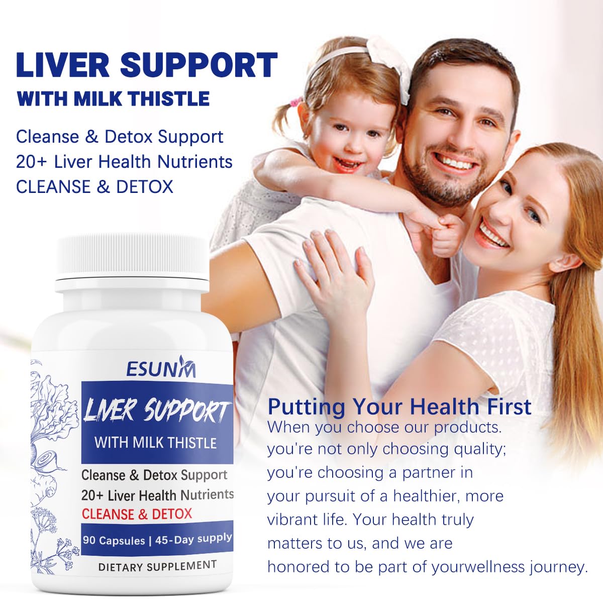 ESUNM Advanced Liver Cleanse Support Supplement – Milk Thistle Liver Detox with Silymarin, Dandelion, Artichoke, Beetroot & Choline Capsule 60 Count