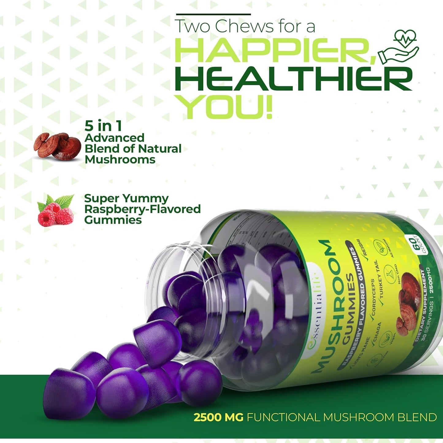 Essentialife Mushroom Gummies Lions Mane Supplement, 180 Count