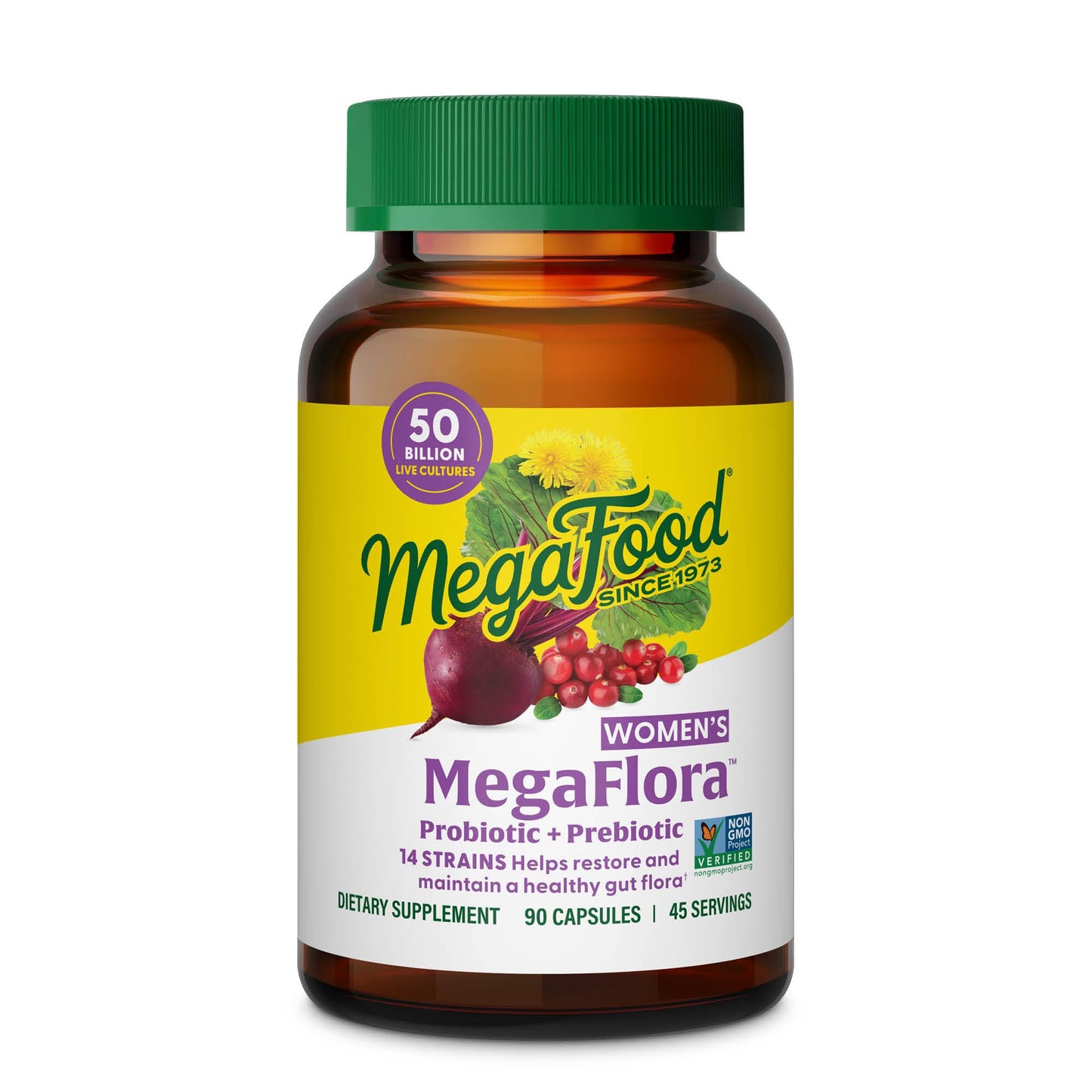 MegaFood MegaFlora Womens Probiotic Prebiotic with Cranberry, 90 Capsules