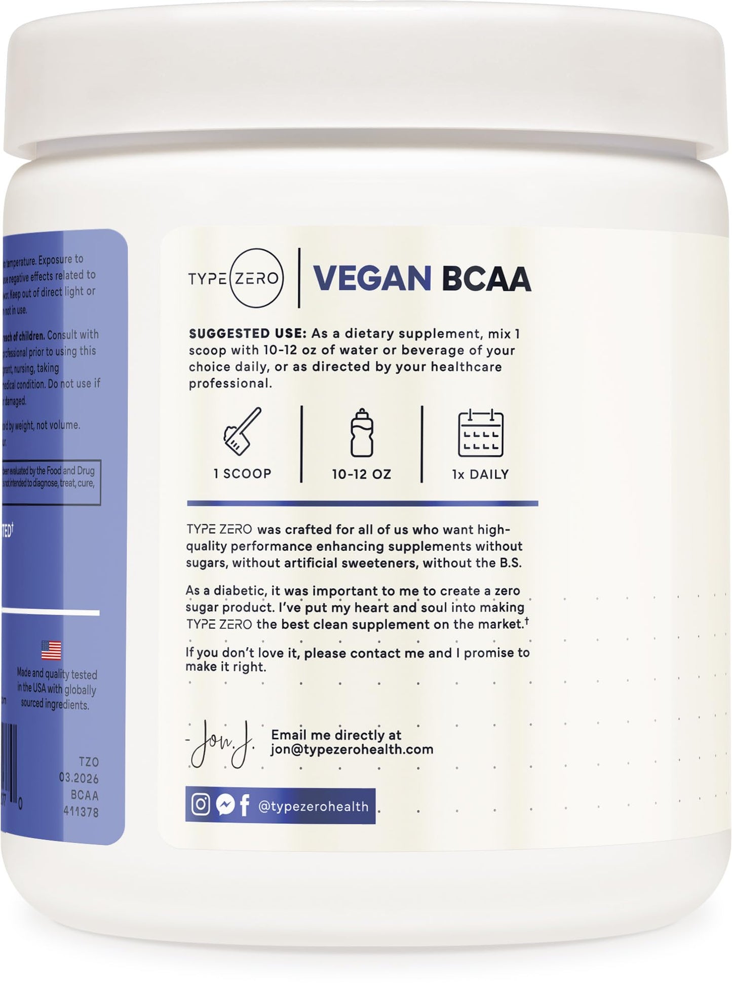 Type Zero Ultra Clean Vegan BCAA Powder + Electrolytes (Blue Raspberry) 11.9 Ounce